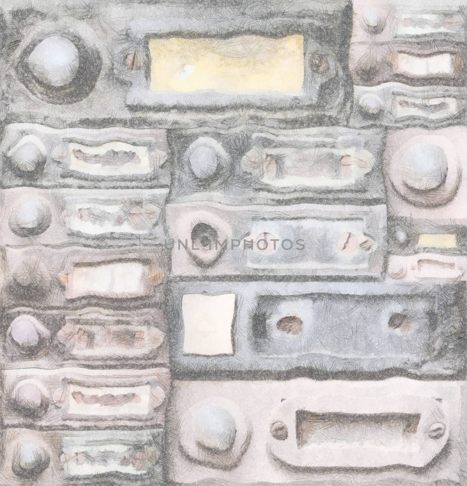 Drawing of the various old doorbells - mixed media