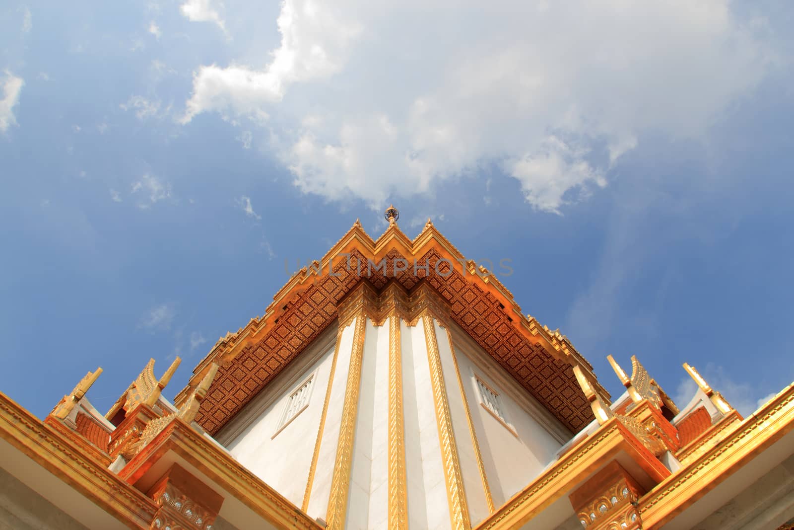 View of one corner of Thai architecture at Wat Traimitr, China town, Thailand.