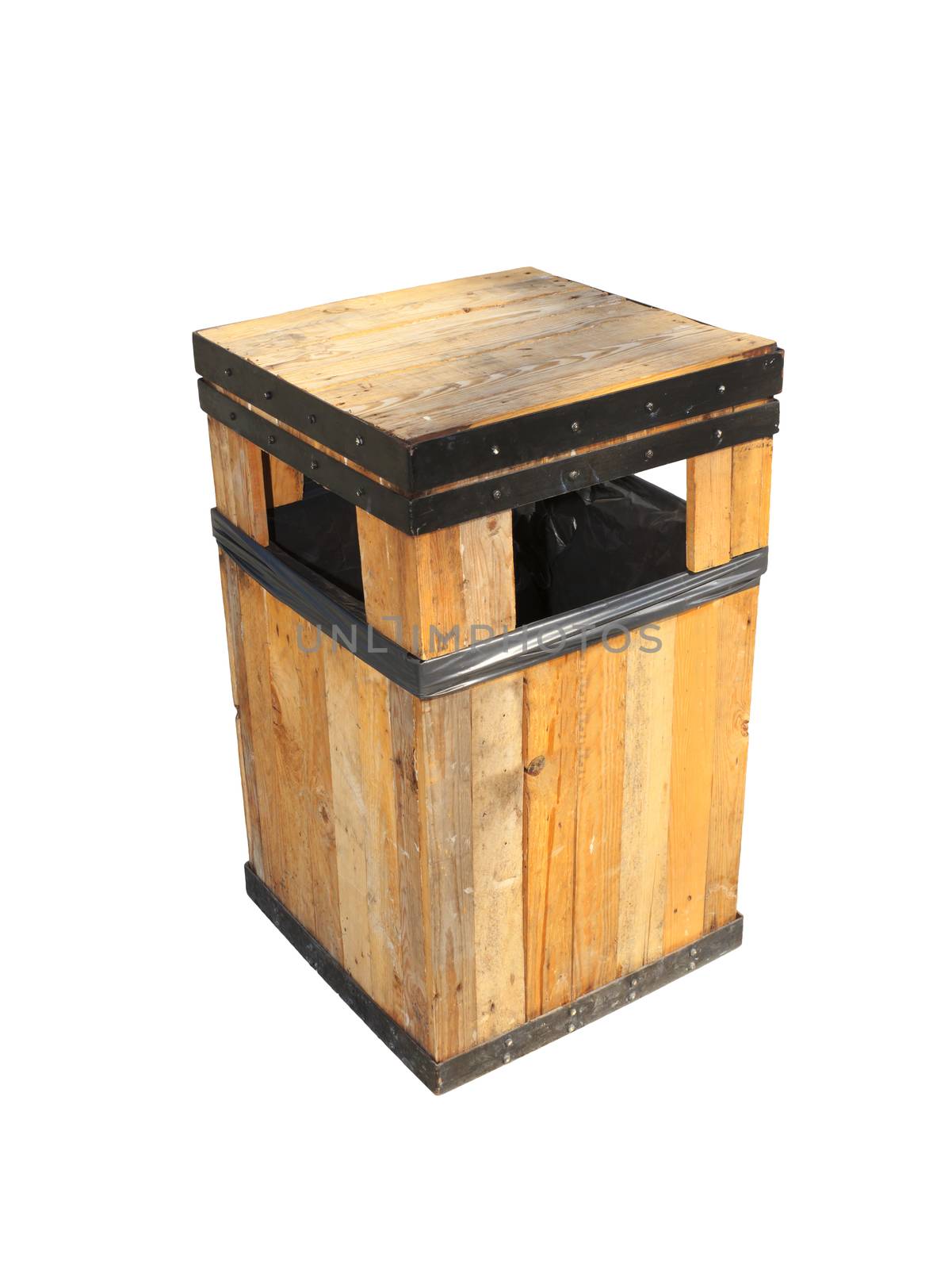 A wooden public trash in the shopping center.