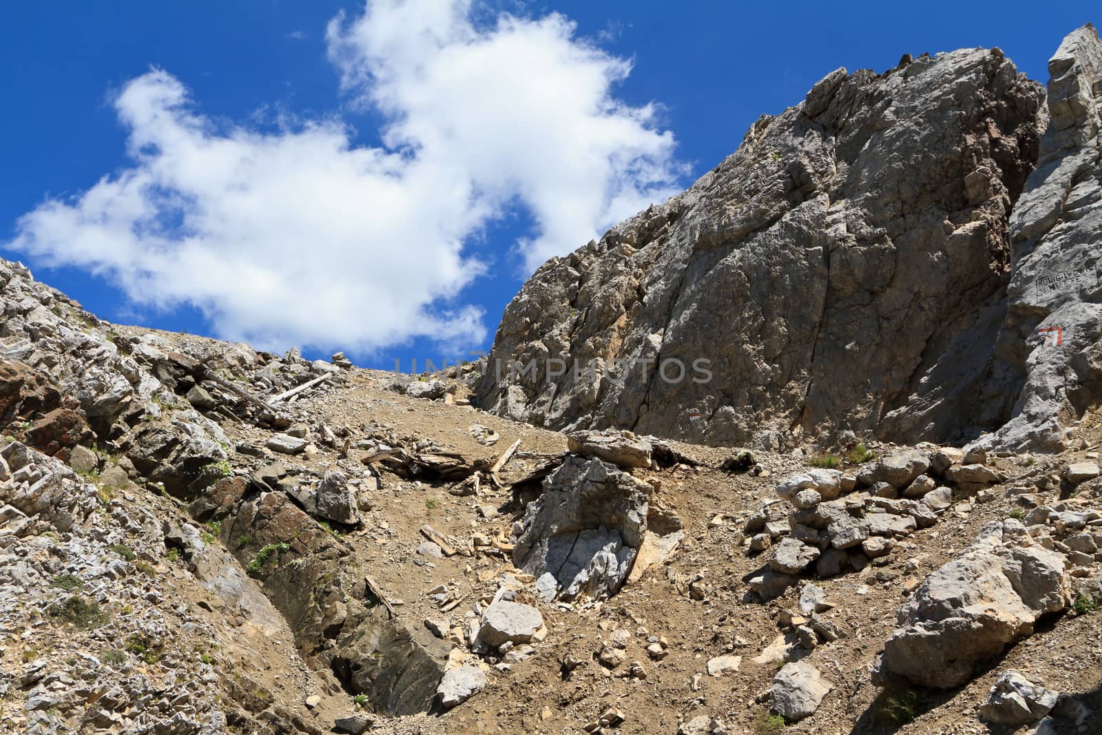 hiking on mountain ridge in San Pellegrino valley, Trentino, Italy