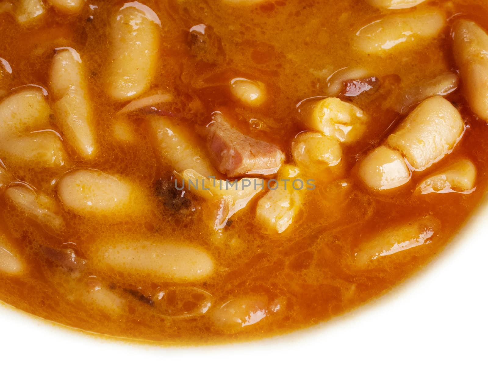 Asturian bean stew dish. Isolated, close-up