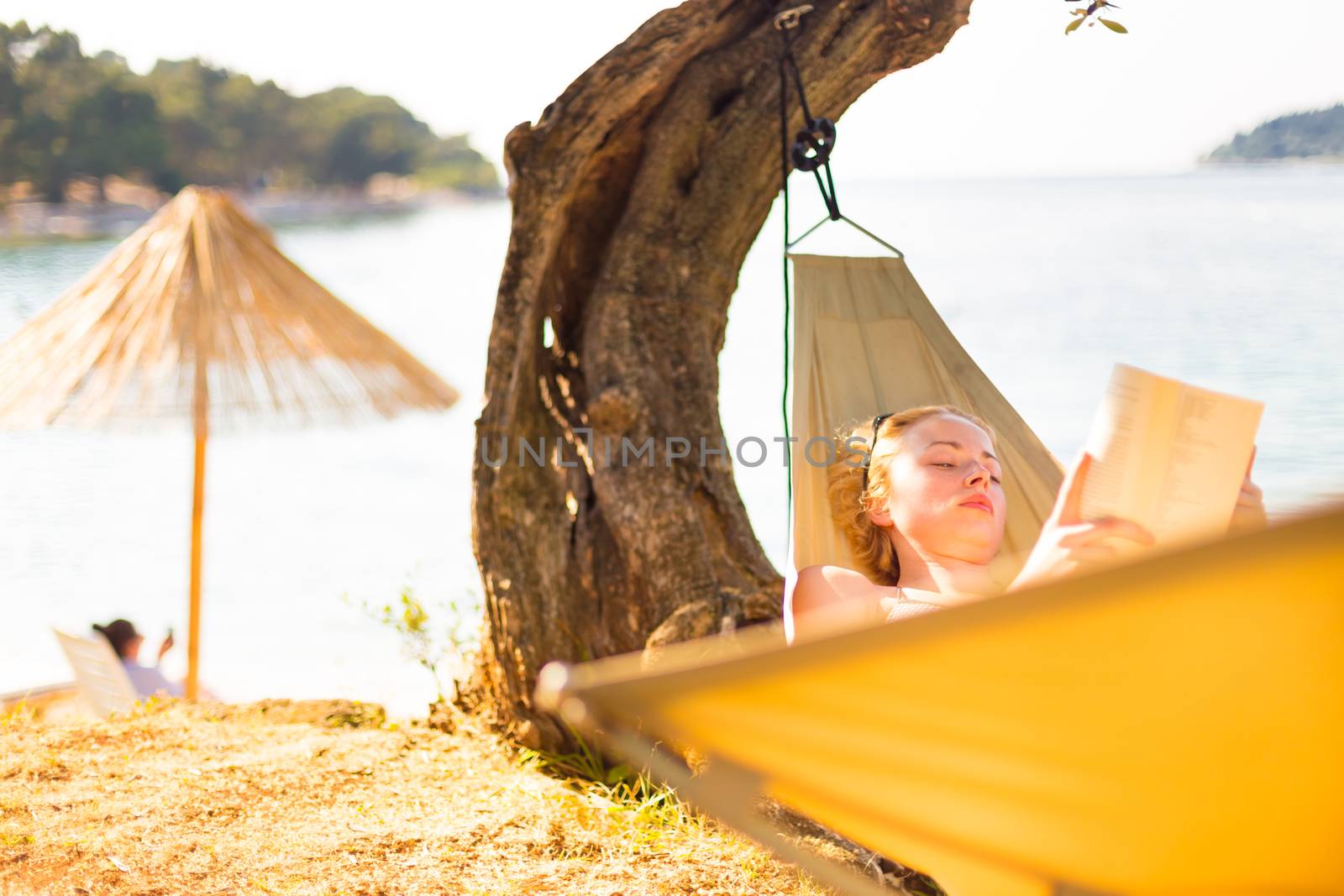 Lady reading book in hammock. by kasto