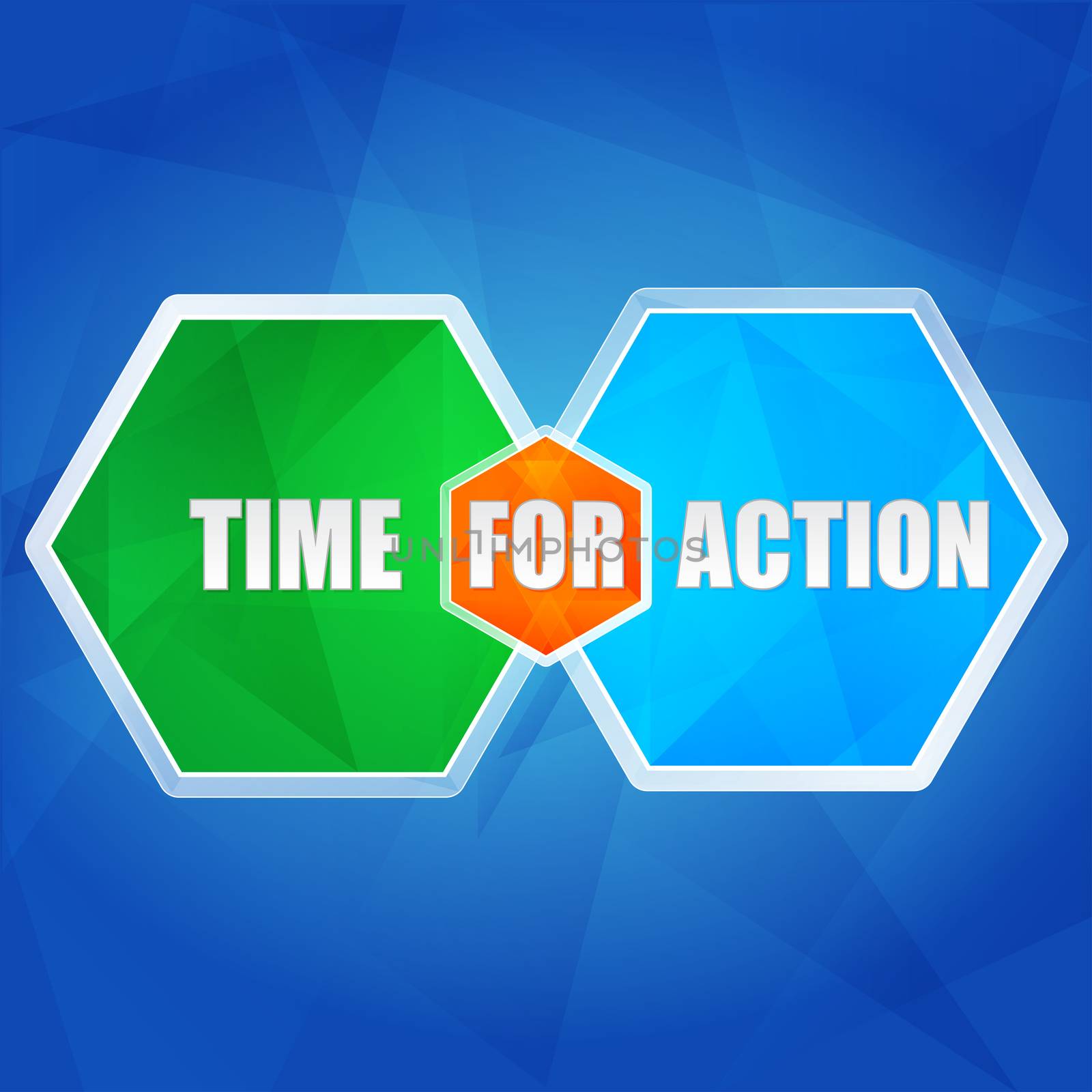 time for action - business motivation concept words in color hexagons over blue background, flat design