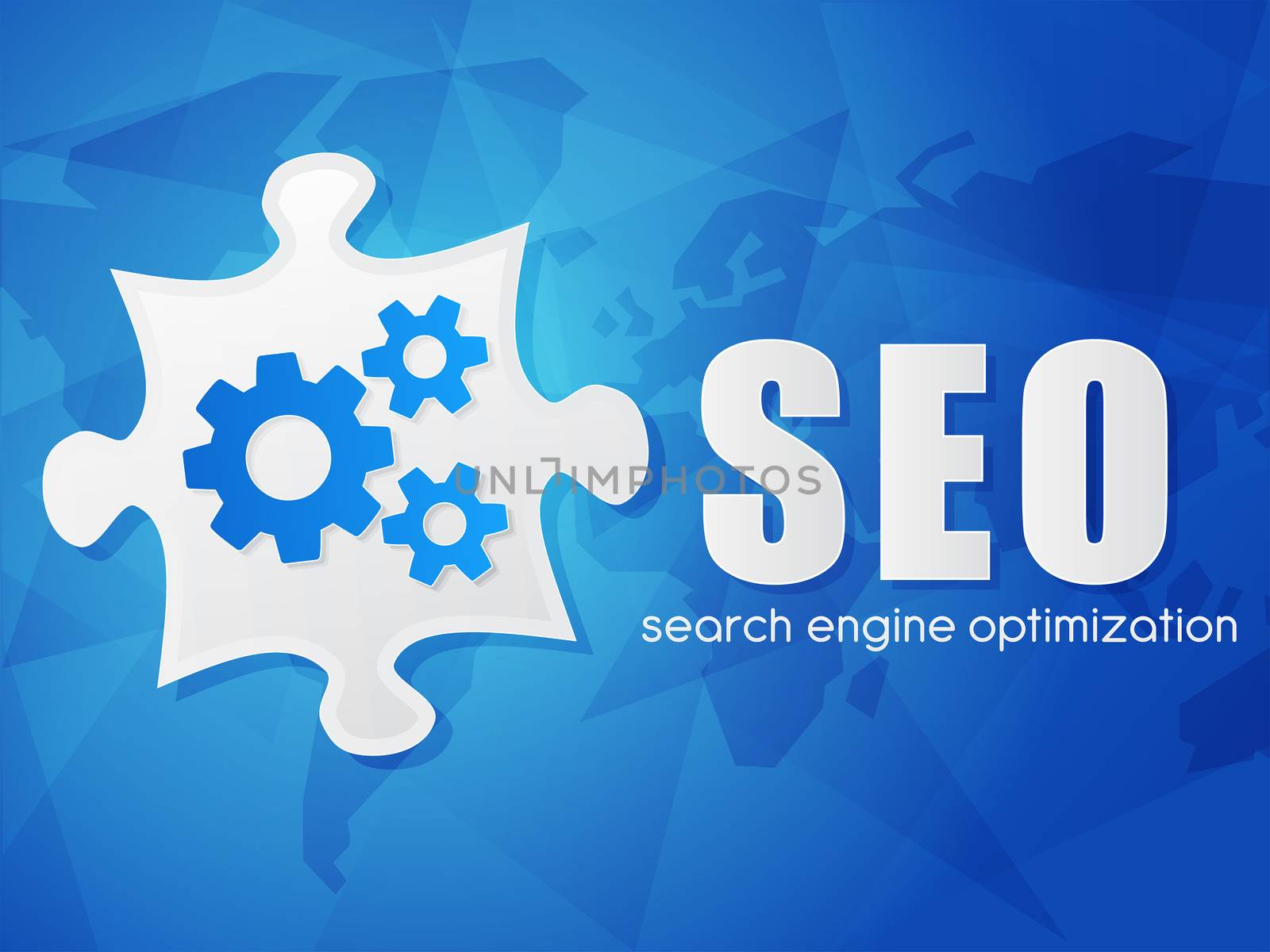 SEO with puzzle and world map, search engine optimization, flat  by marinini