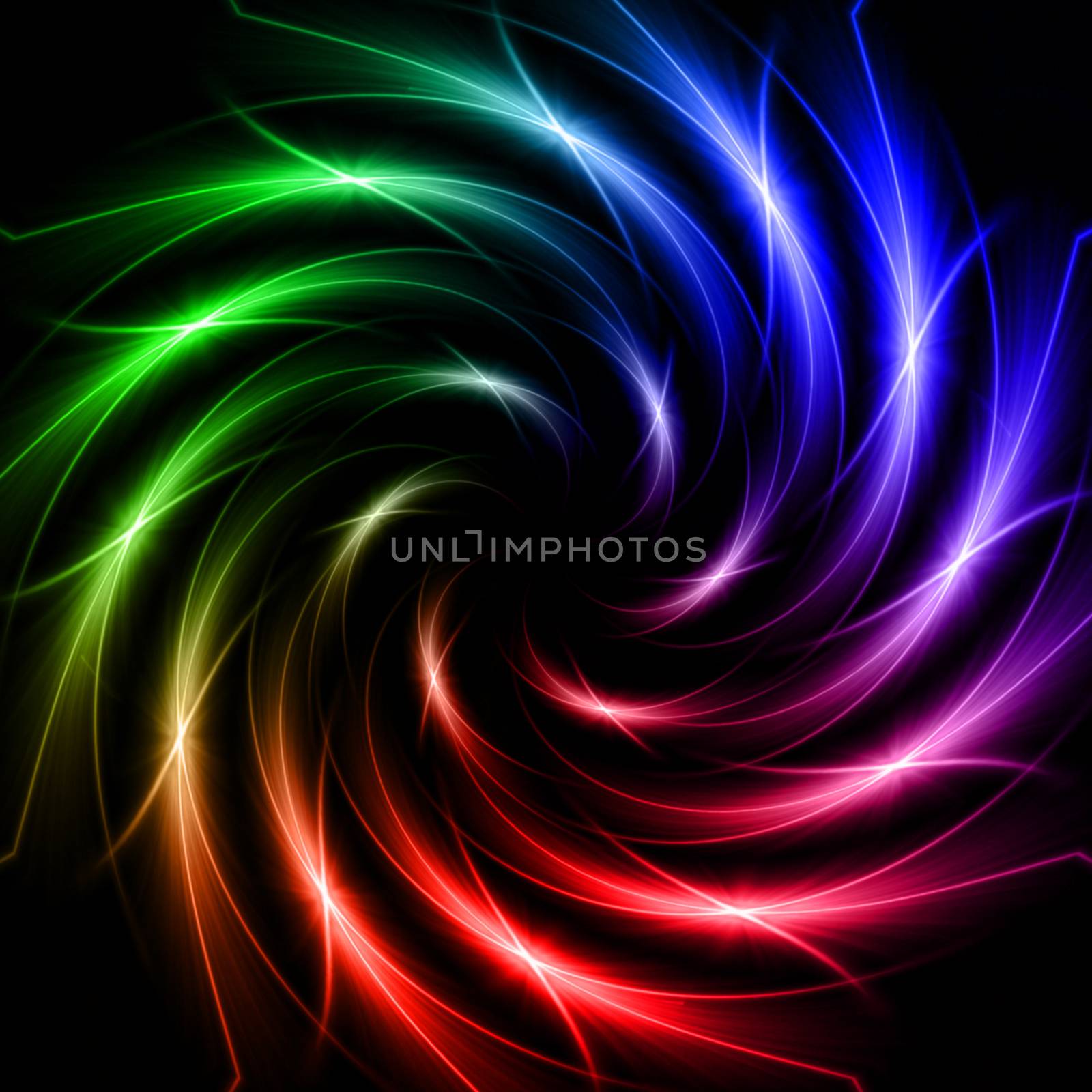 abstract rainbow colourful stars with shining light rays in spiral over dark background