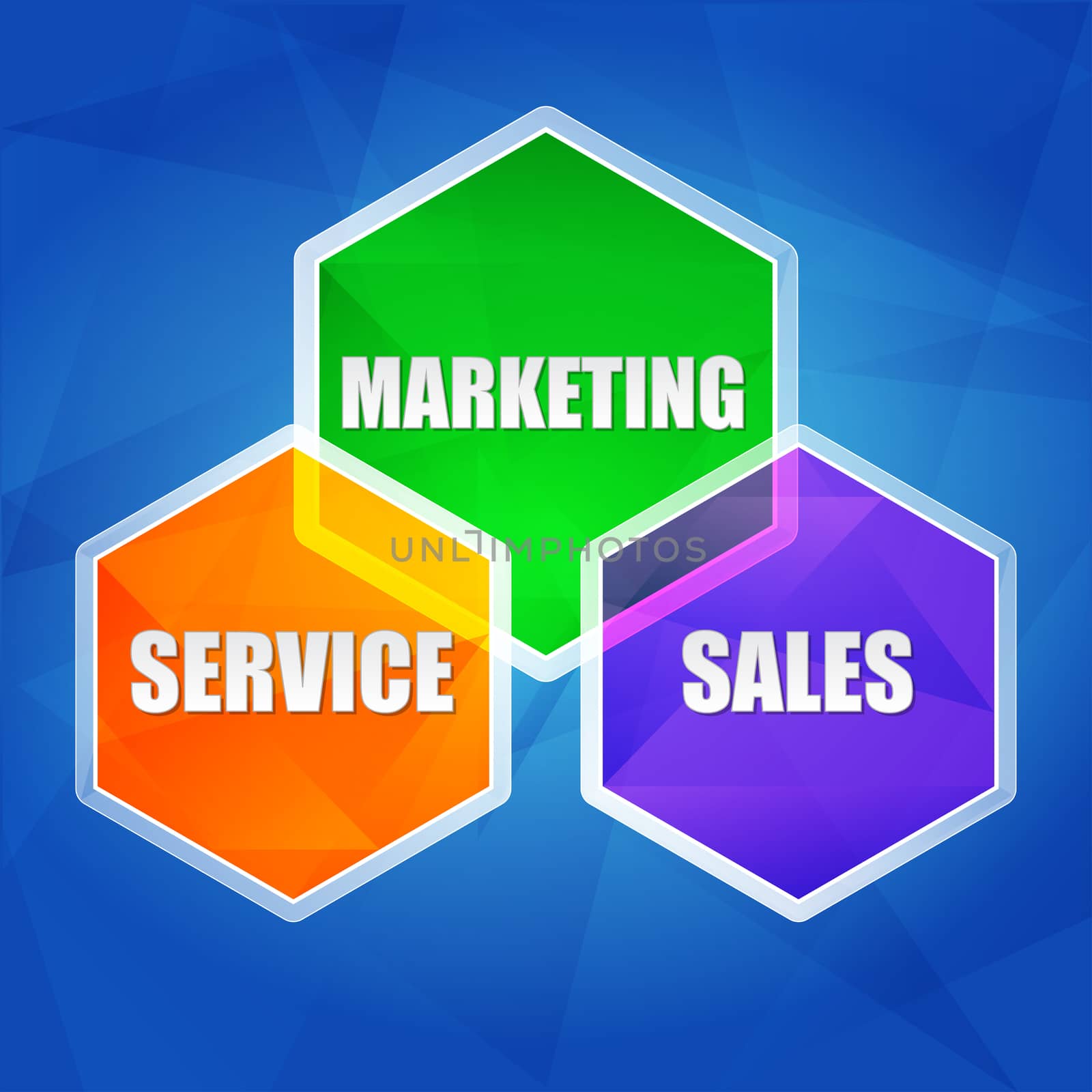 service, marketing, sales - business concept words in color hexagons over blue background, flat design