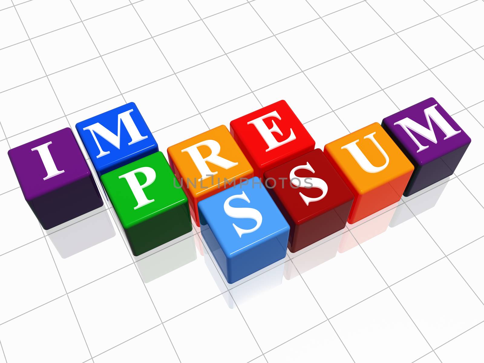 impressum - text in 3d color cubes with white letters, business paragraph concept