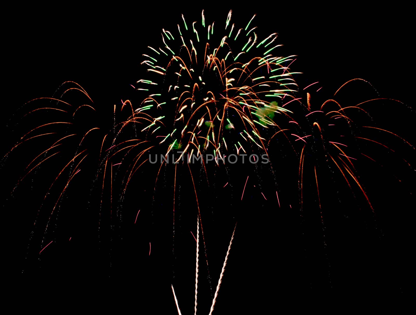 Exposure of multiple fireworks with a black sky.