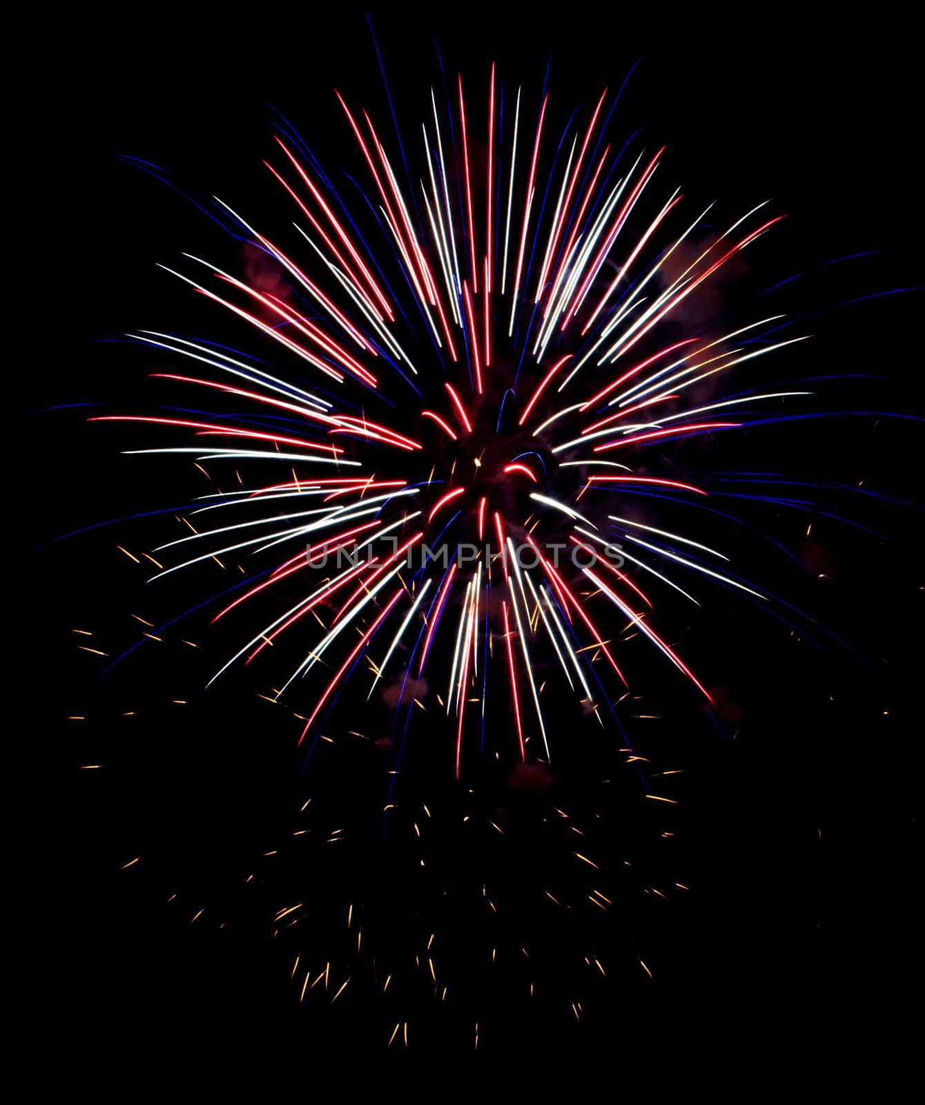Exposure of multiple fireworks with a black sky.
