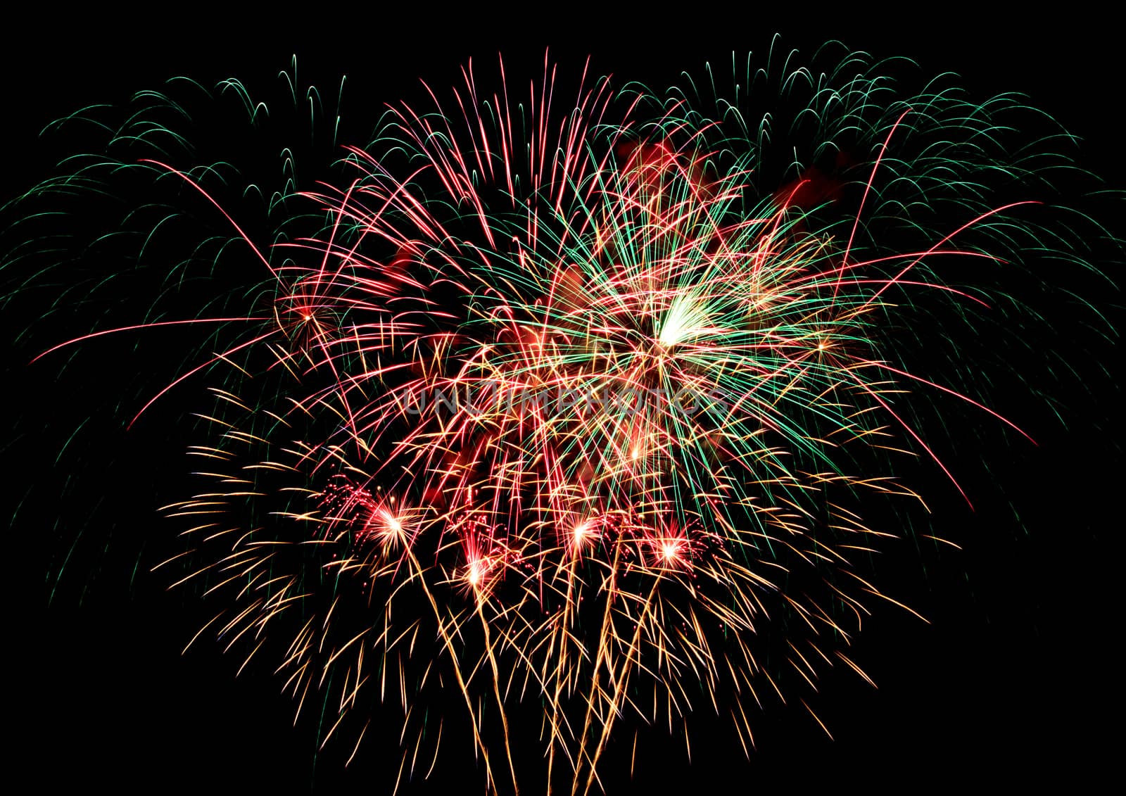 Exposure of multiple fireworks with a black sky.