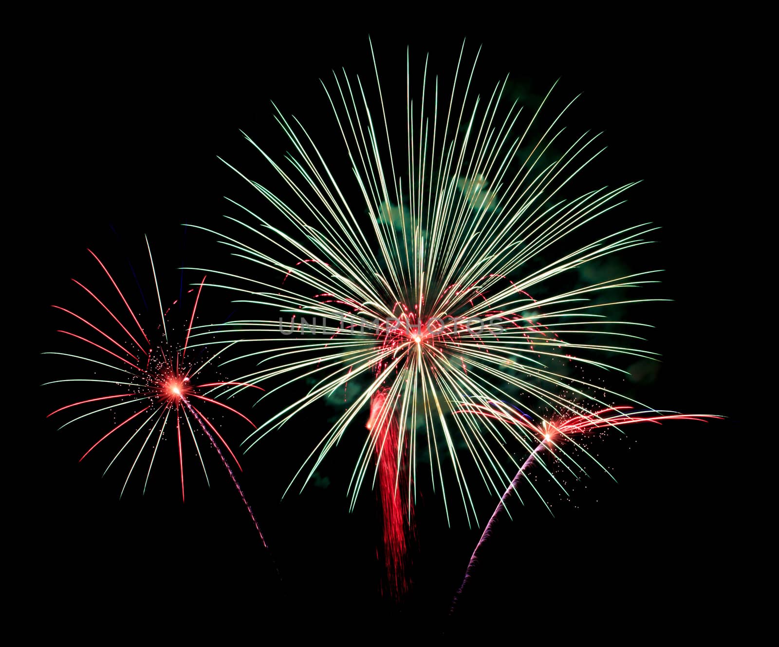 Exposure of multiple fireworks with a black sky.
