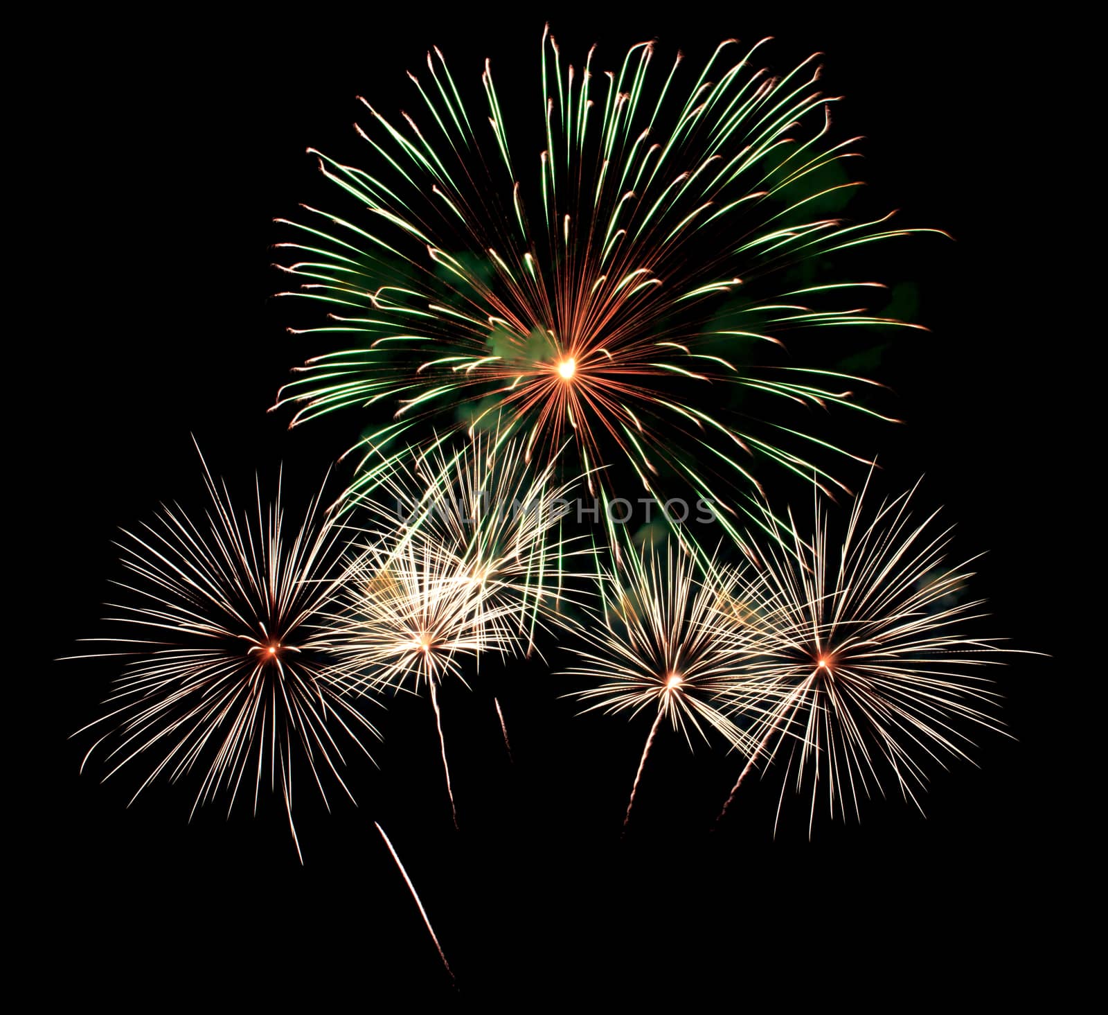 Exposure of multiple fireworks with a black sky.