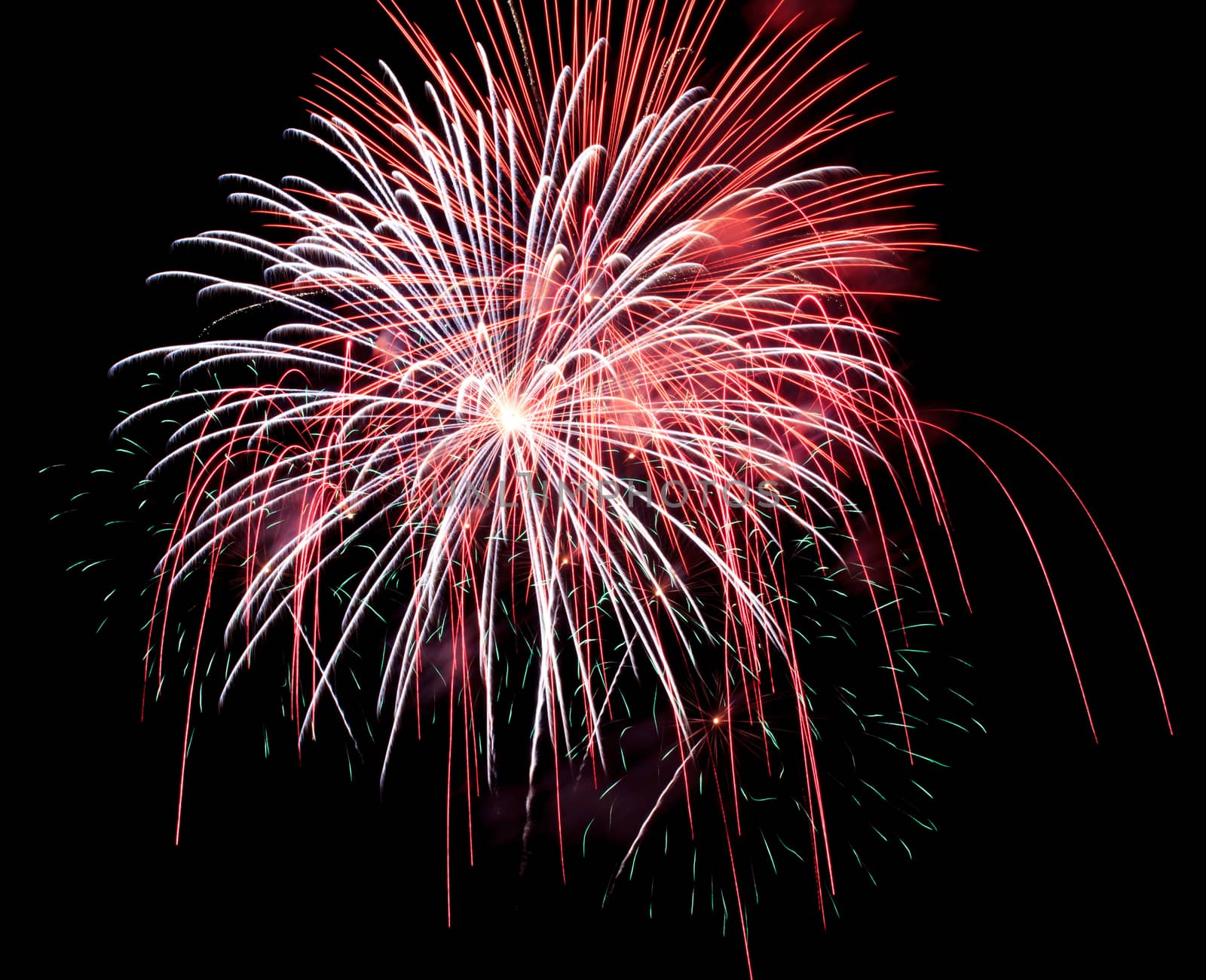 Exposure of multiple fireworks with a black sky.