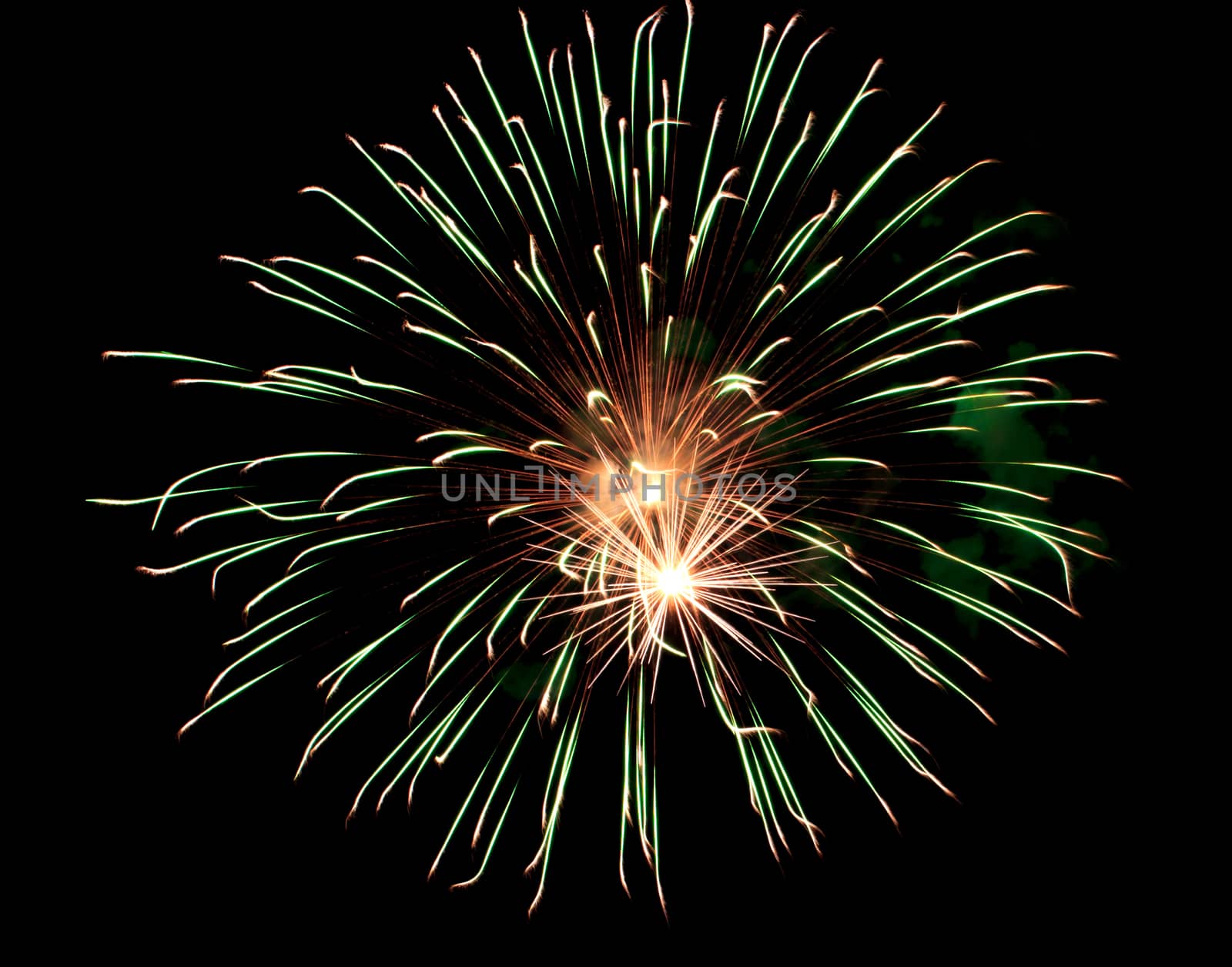 Exposure of multiple fireworks with a black sky.