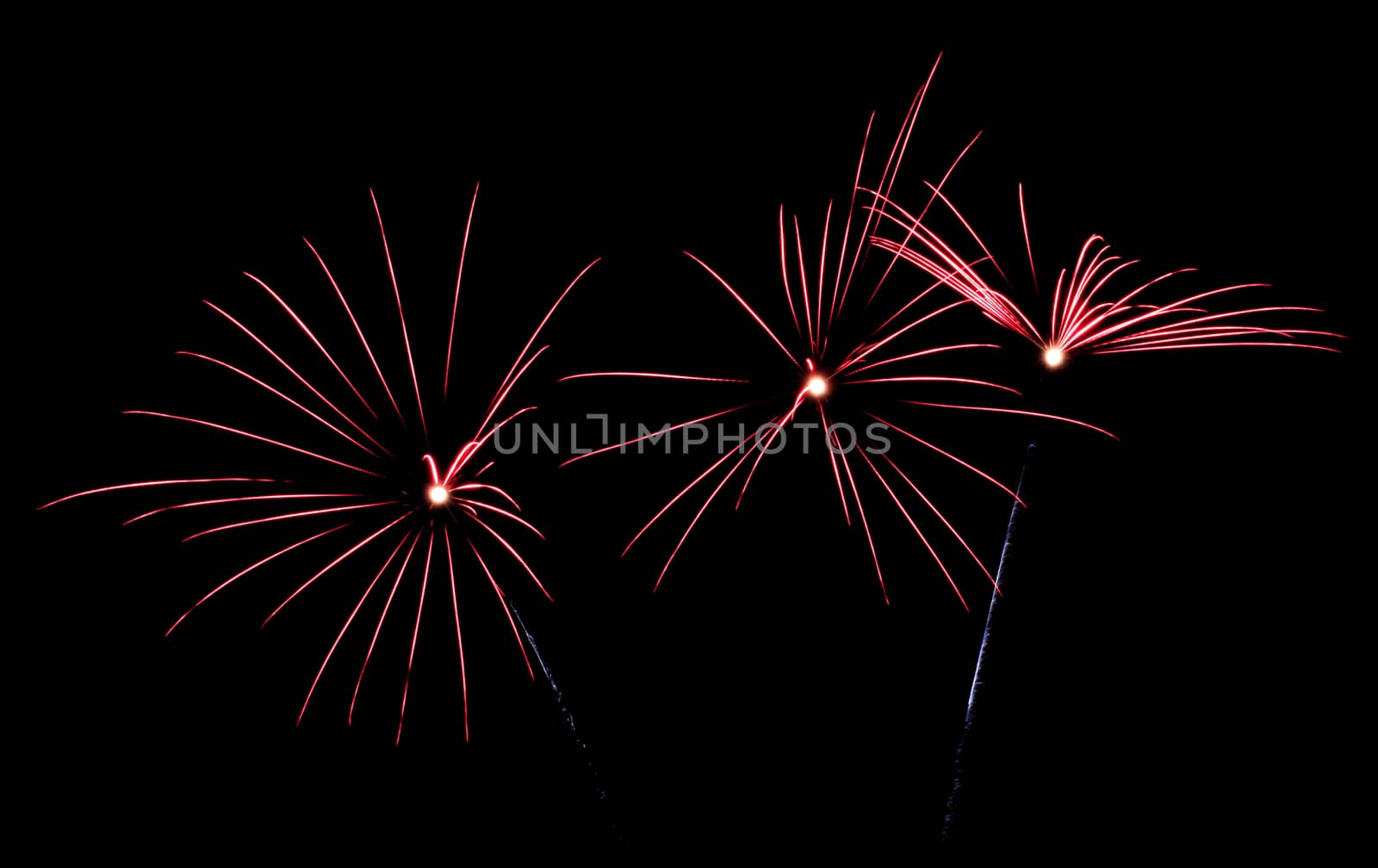 Exposure of multiple fireworks with a black sky.