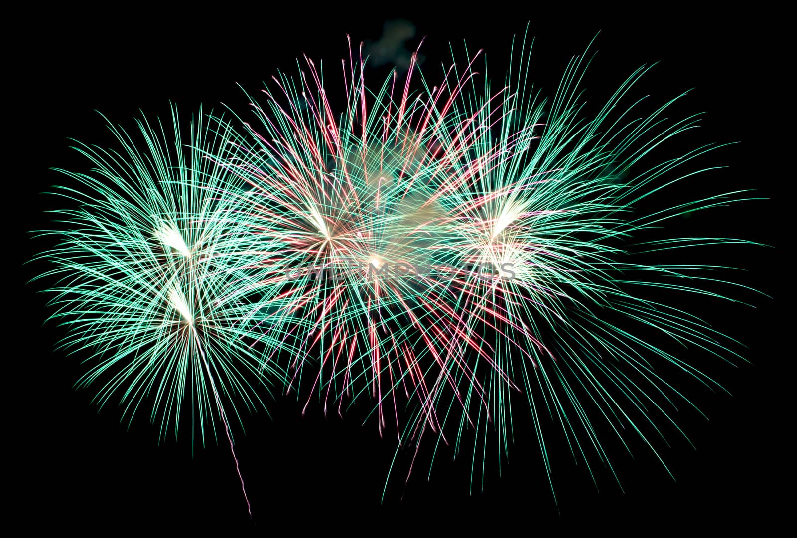 Exposure of multiple fireworks with a black sky.