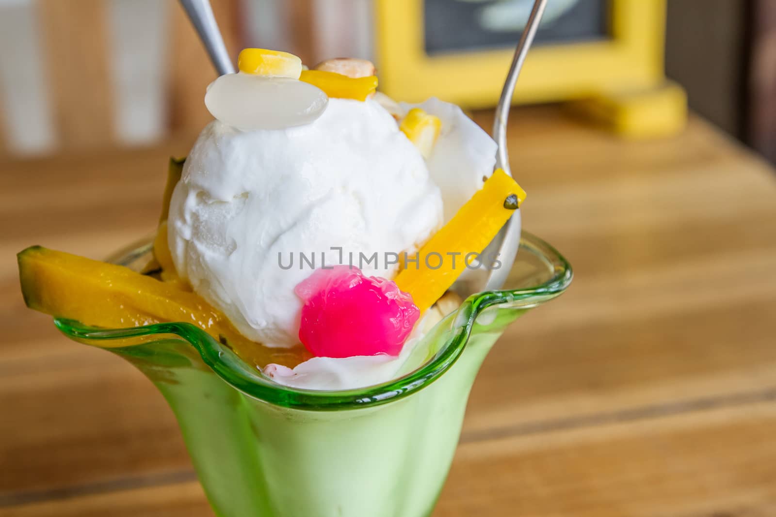 Thai style coconut ice cream with topping
