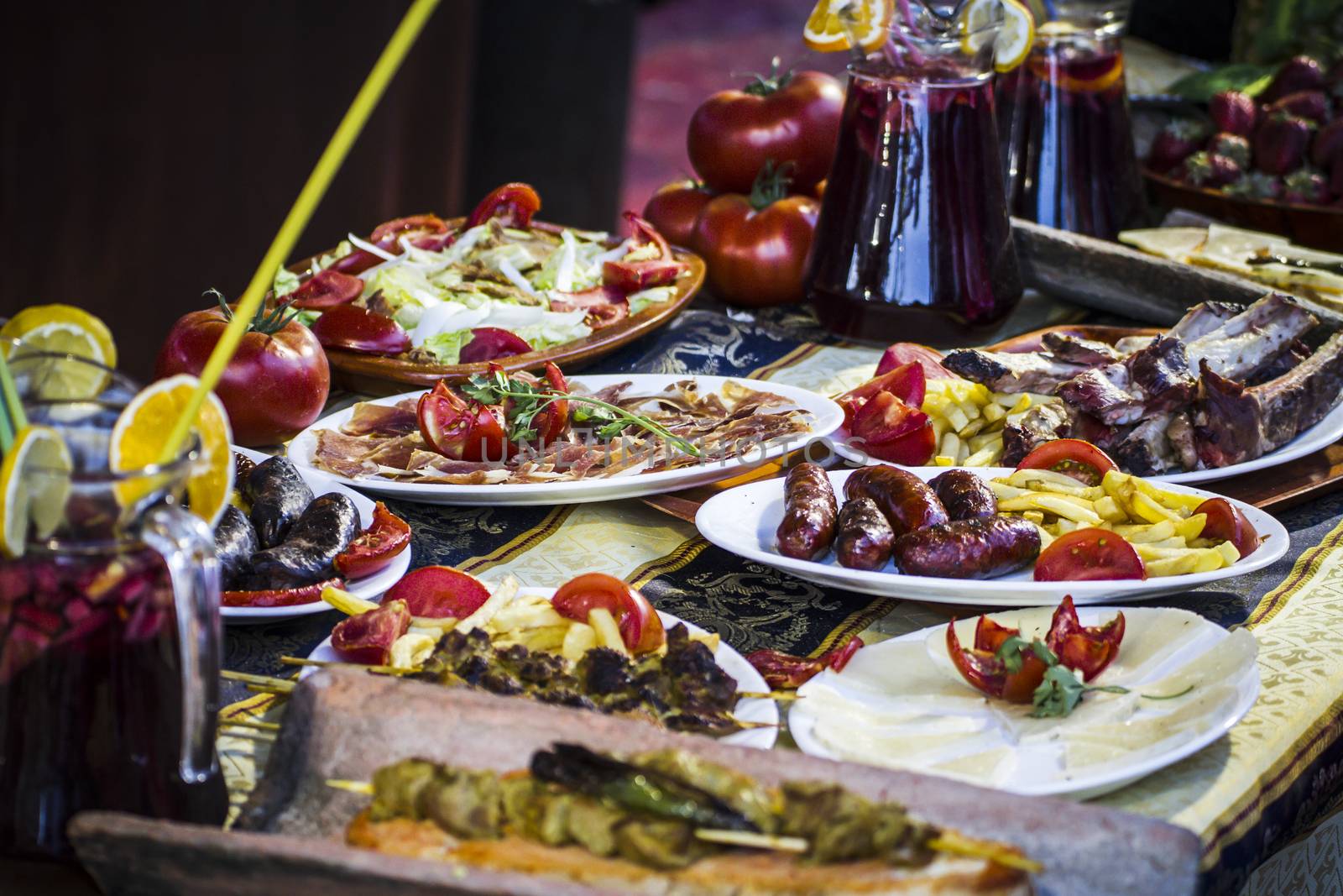 Mediterranean food plates, European cuisine, medieval fair in Sp by FernandoCortes