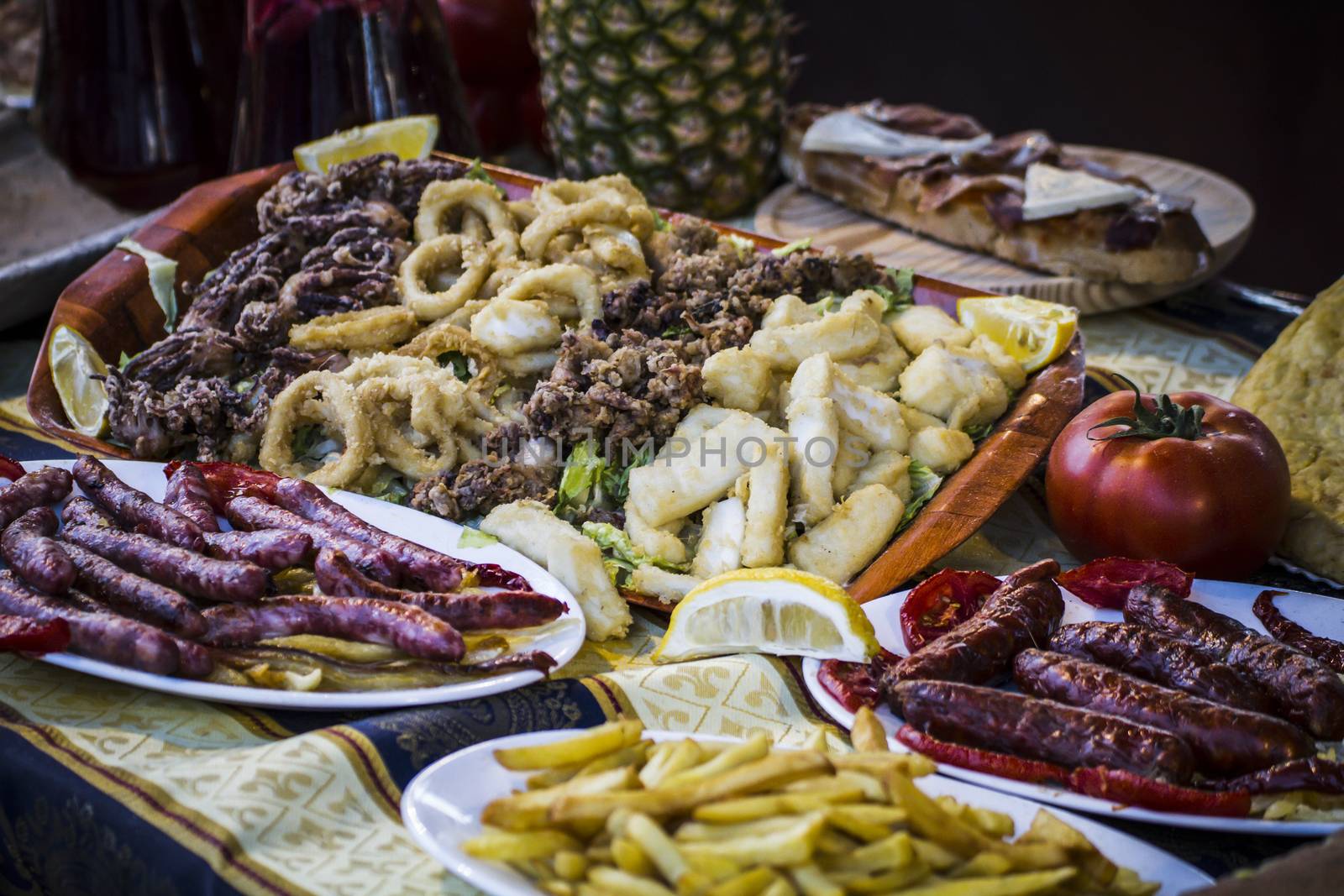 Mediterranean food plates, European cuisine, medieval fair in Spain