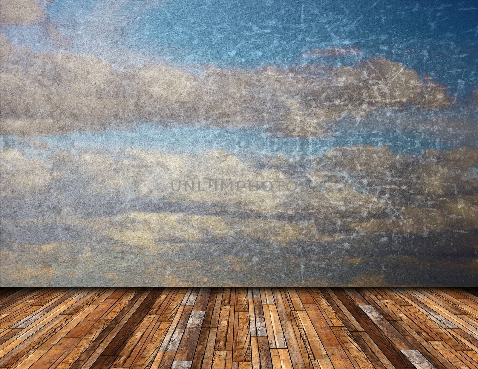 abstract view of distressed beautiful  sky from vintage wooden  terrace, nature backdrop