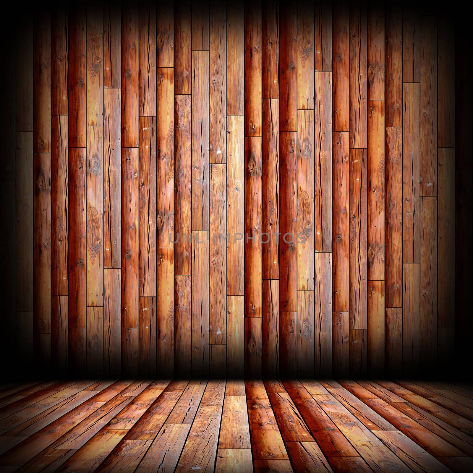 brown boards on wall and floor, abstract interior architectural empty  backdrop with vignette