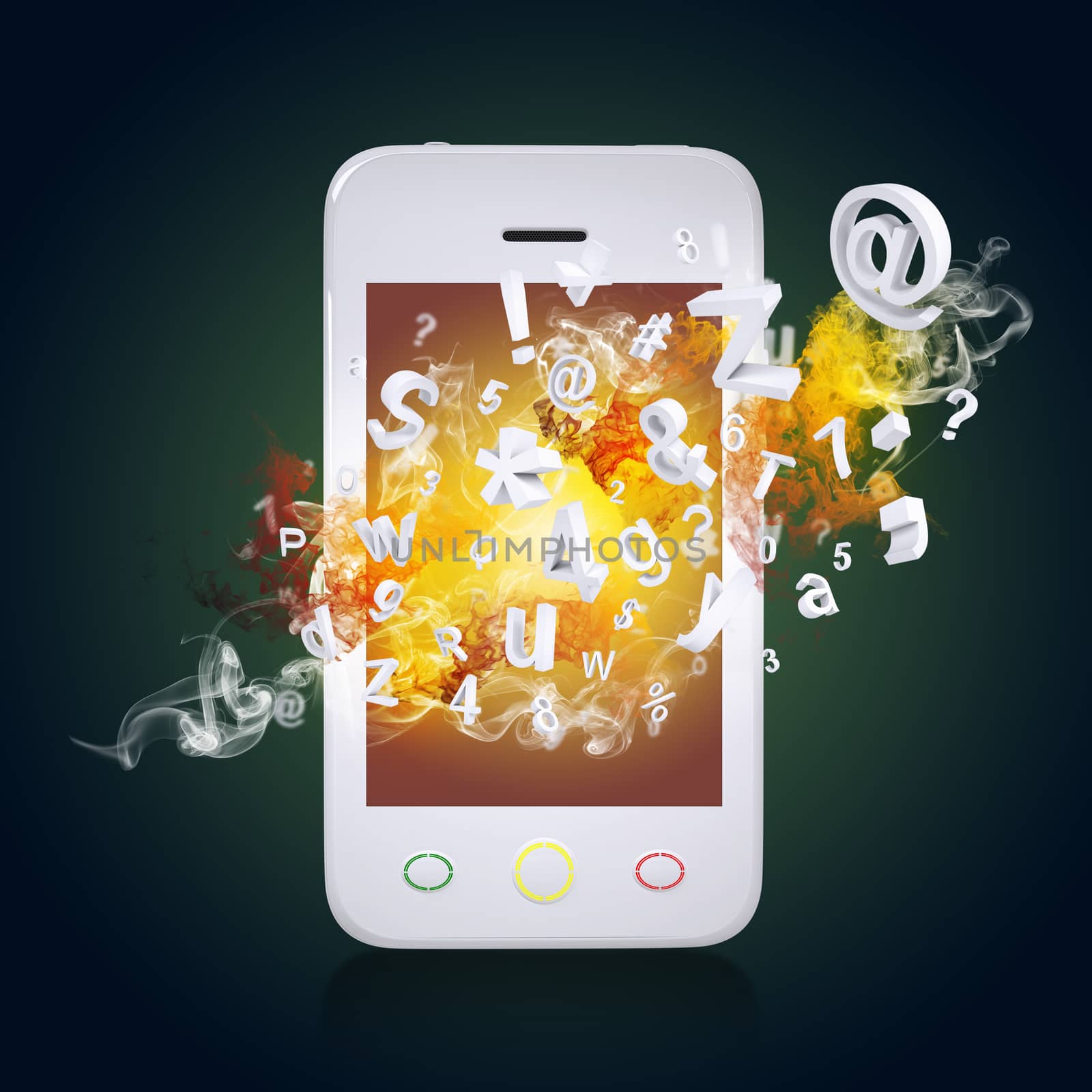 Smart phone emits letters, numbers and colored smoke. Technology concept