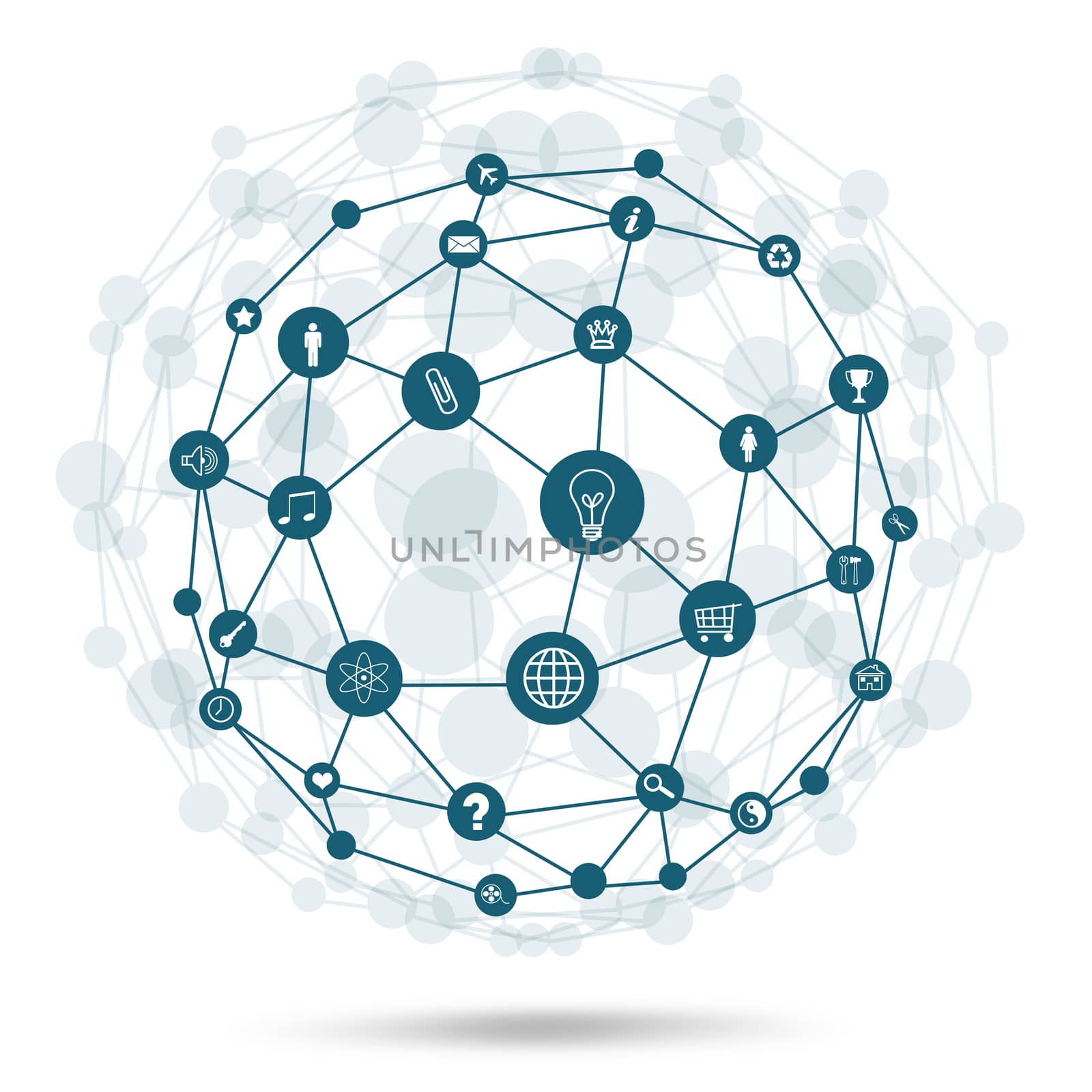 Wire frame sphere. In the lattice points are social network icons