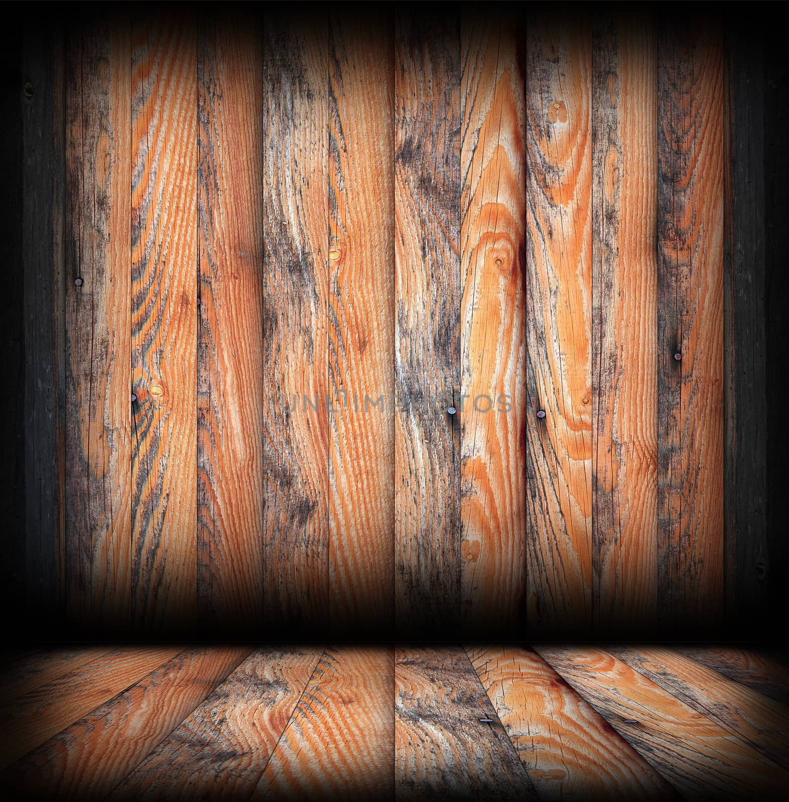 grungy wood surfaces on wall and floor, architectural abstract interior backdrop