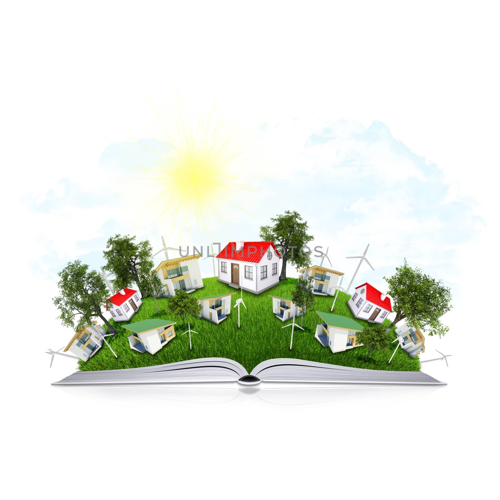 On the pages of an open book is grass, trees and houses. White background