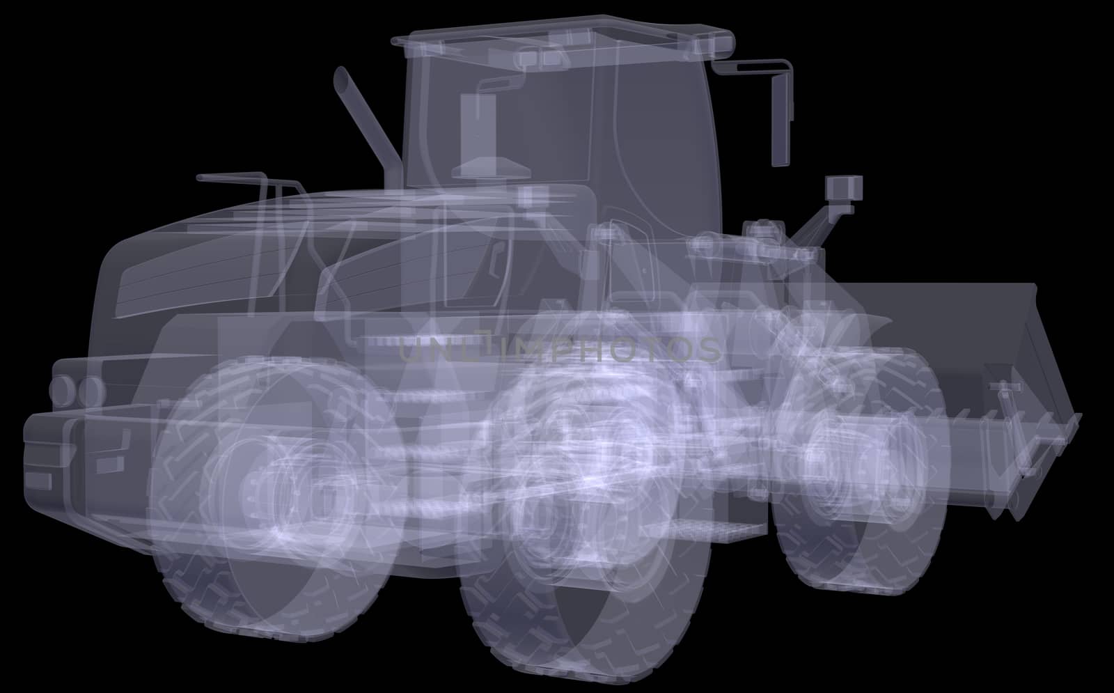 Wheel loader. X-ray render isolated on black background