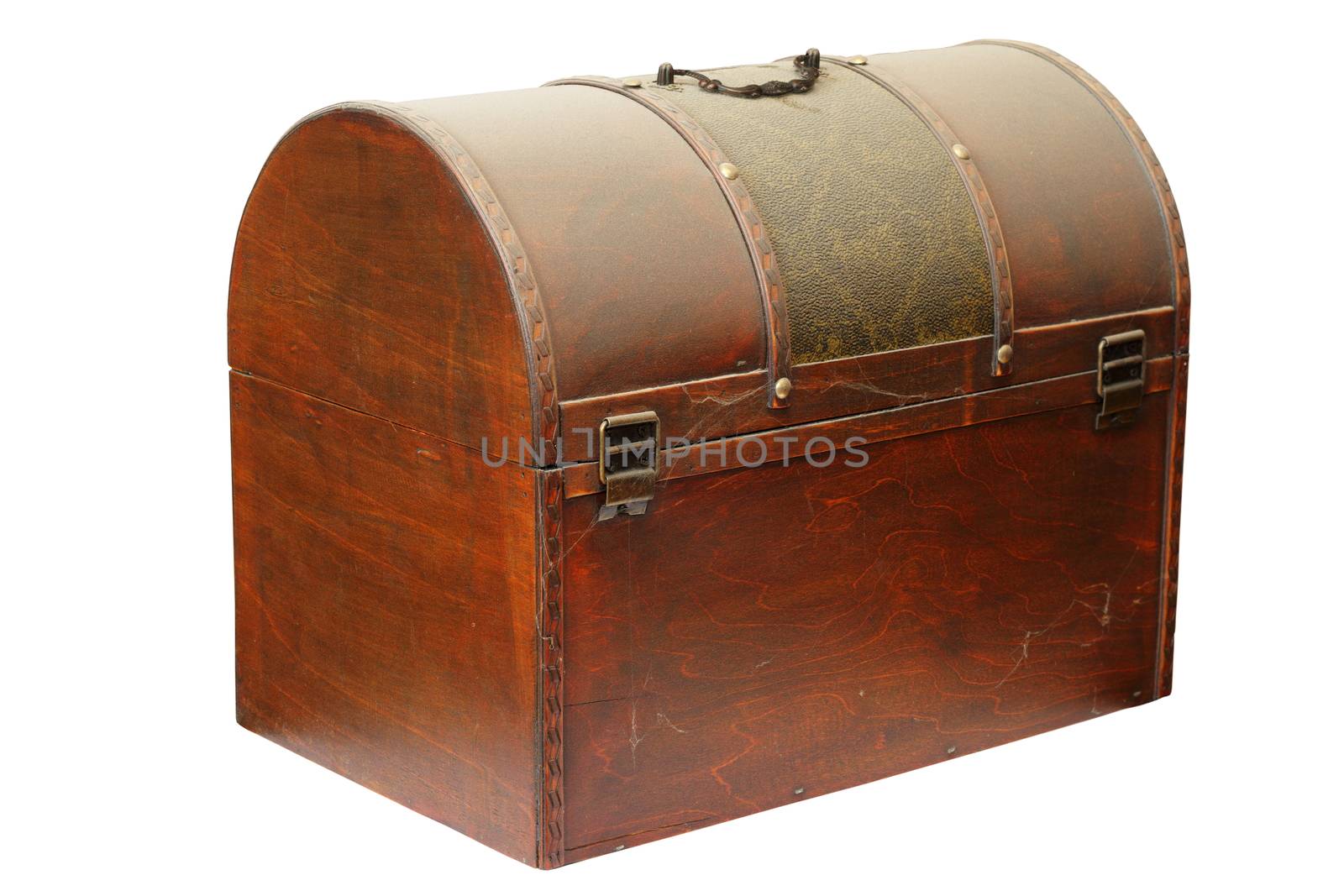 old treasure wooden box isolated over white background, closed