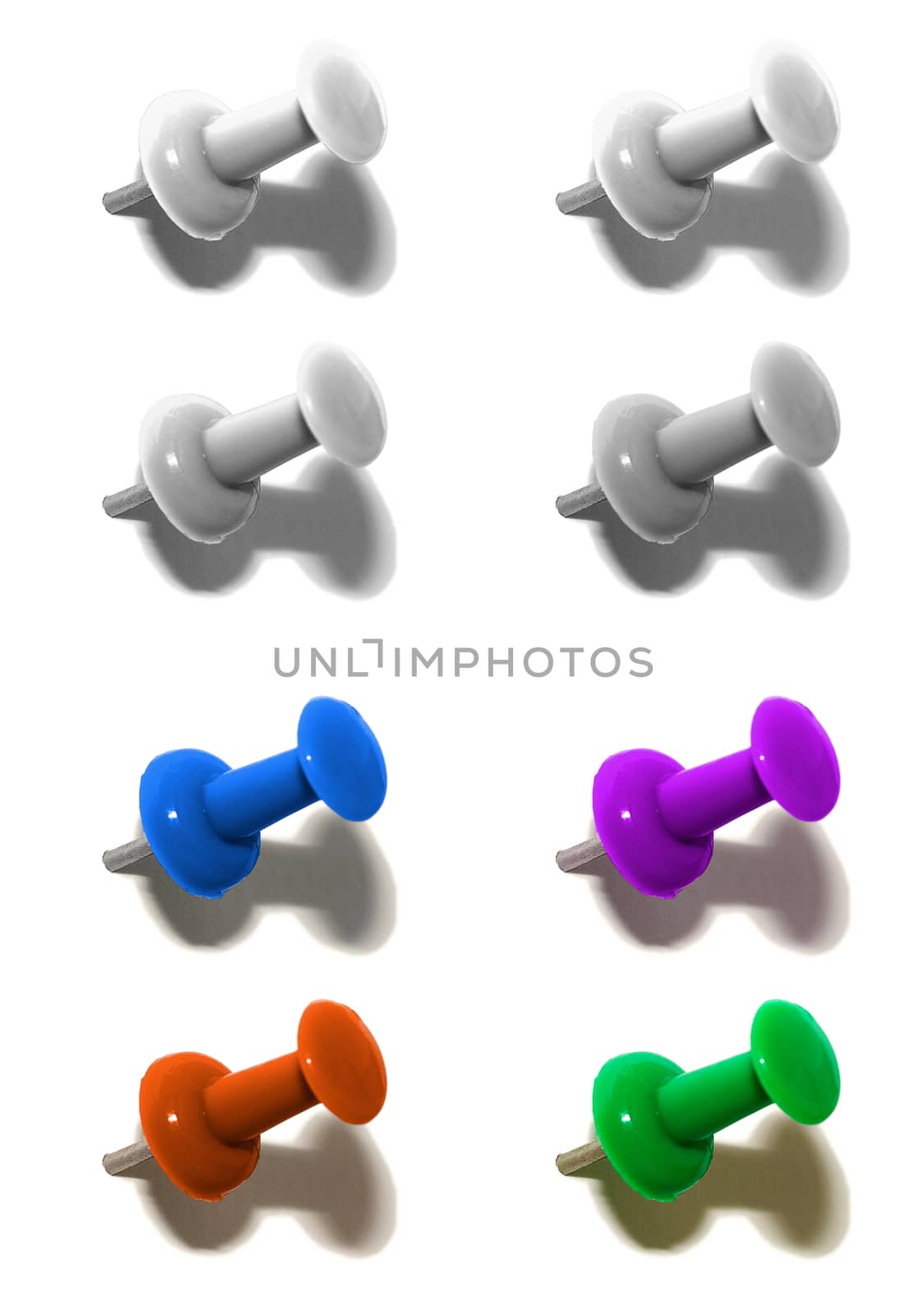 set of multicolored thumbtacks with shadow on white background