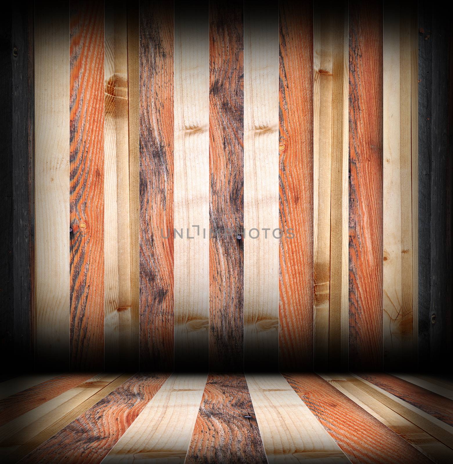 striped wooden boards finishing on interior room backdrop, floor and wall