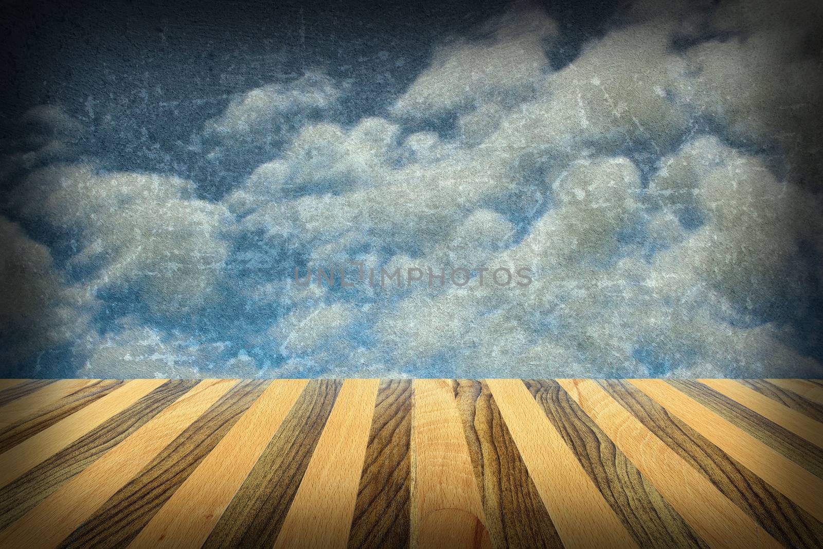 striped wooden terrace backdrop with view to beautiful abstract distressed sky