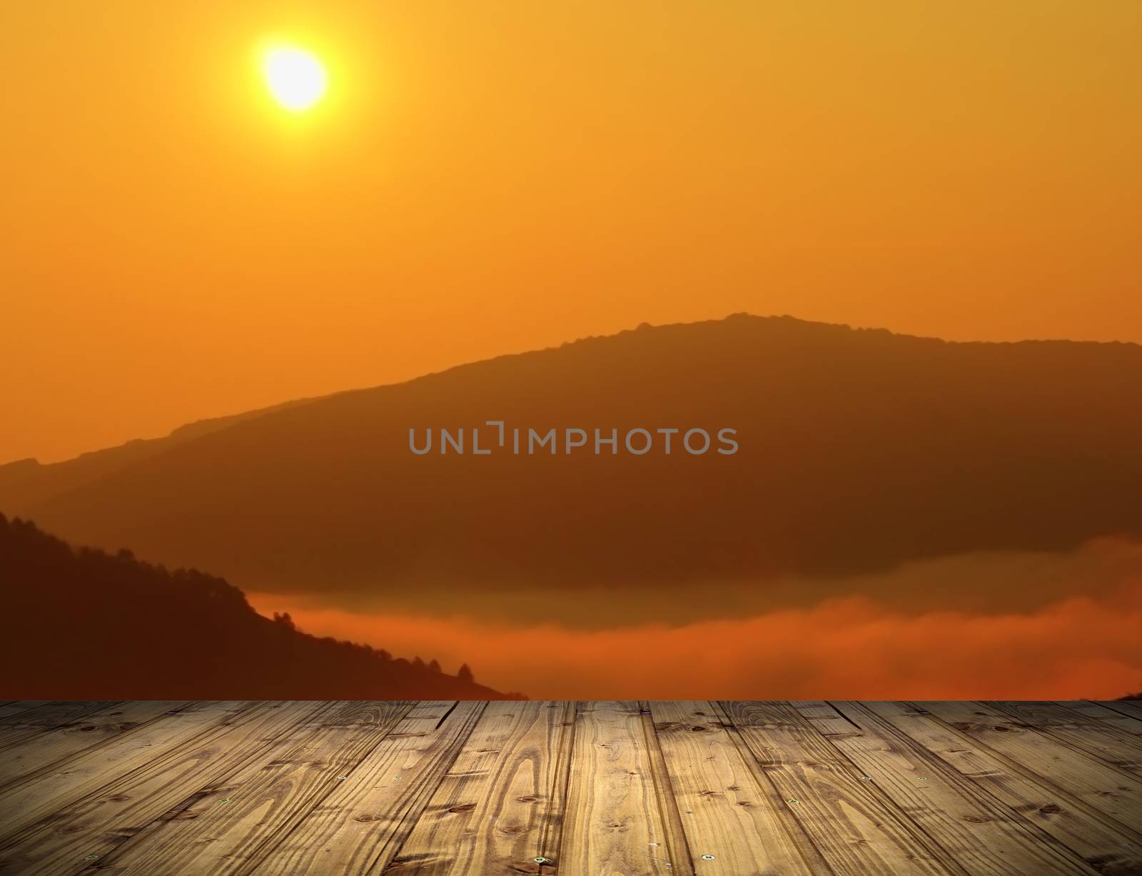 sunrise view from wooden terrace by taviphoto