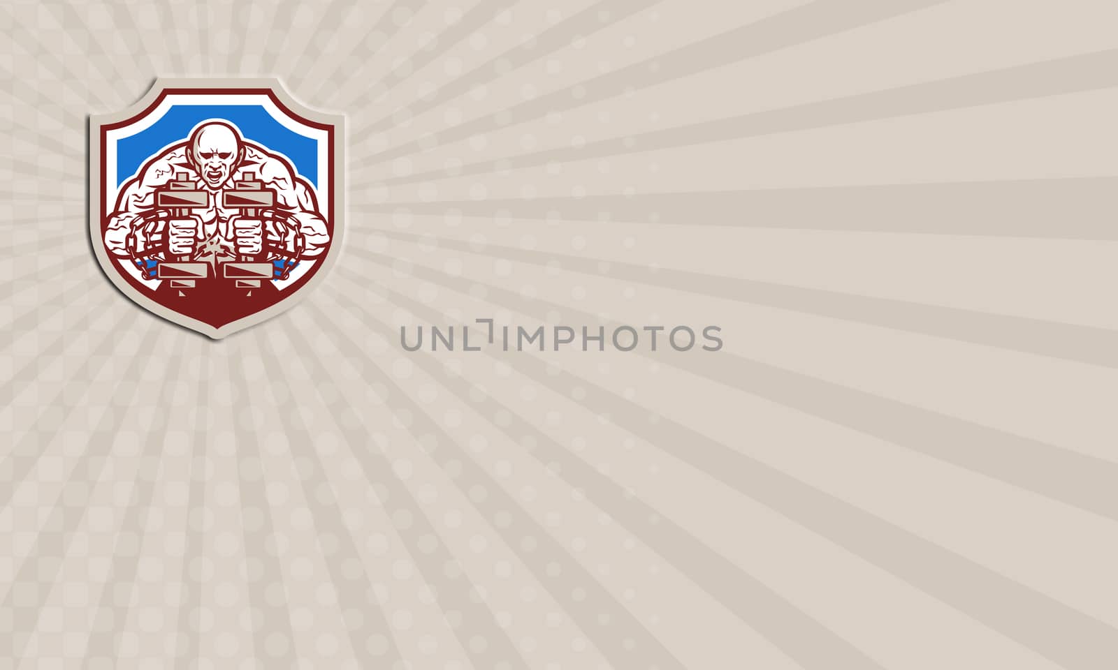 Business card illustration of a strongman muscular guy lifting dumbbells weight training breaking shacles chain viewed from front set inside shield crest shape done in retro style.