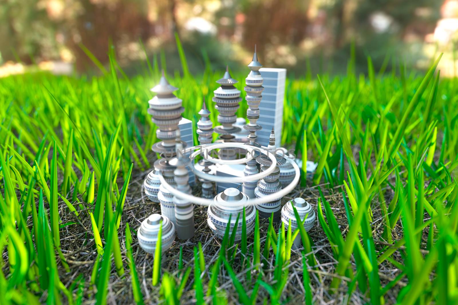 futuristic town on the green grass close up view concept ecology background by denisgo