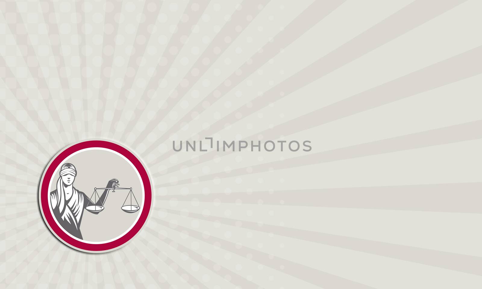 Business card illustration of blindfolded lady facing front holding and raising up weighing scales of justice set inside circle on isolated white background done in retro style.