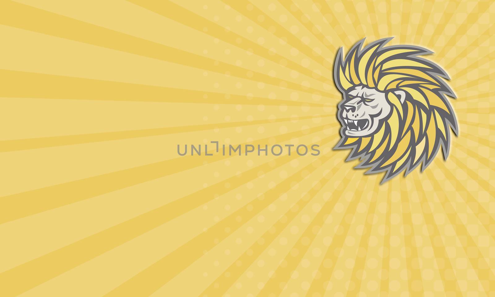 Business card illustration of an angry lion big cat head with flowing mane viewed from side on isolated background done in retro style.