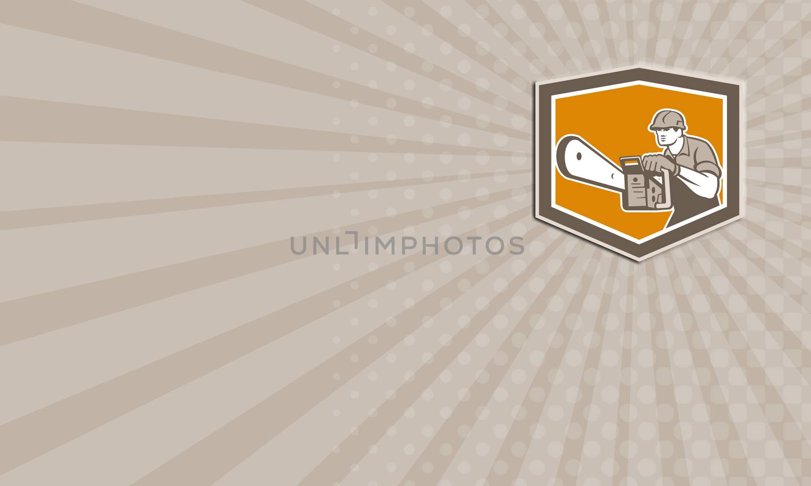 Business card illustration of lumberjack arborist tree surgeon operating a chainsaw viewed from front set inside crest shield shape on isolated white background done in retro style.