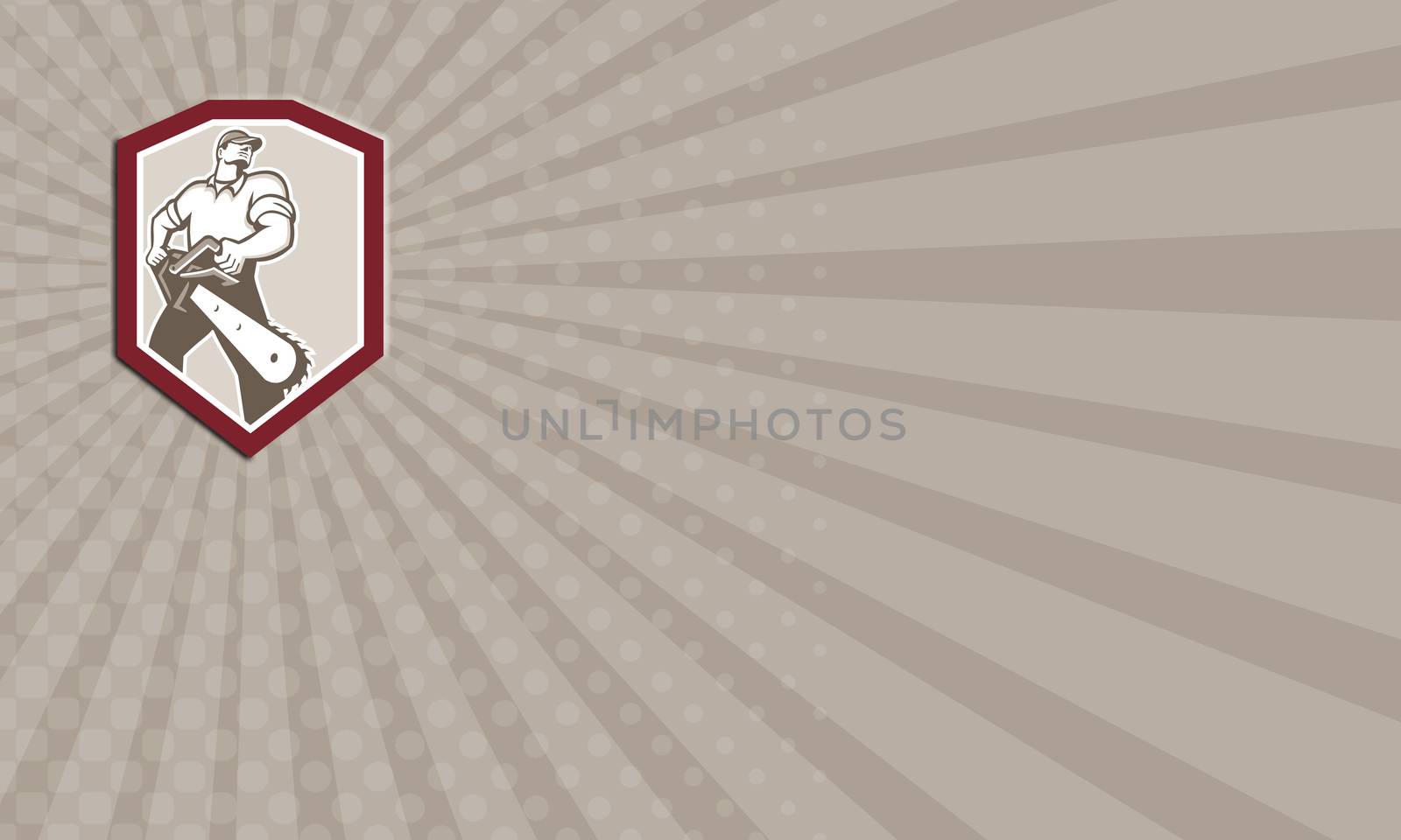 Business card illustration of lumberjack arborist tree surgeon holding a chainsaw viewed from low angle set inside shield crest shape on isolated white background done in retro style.
