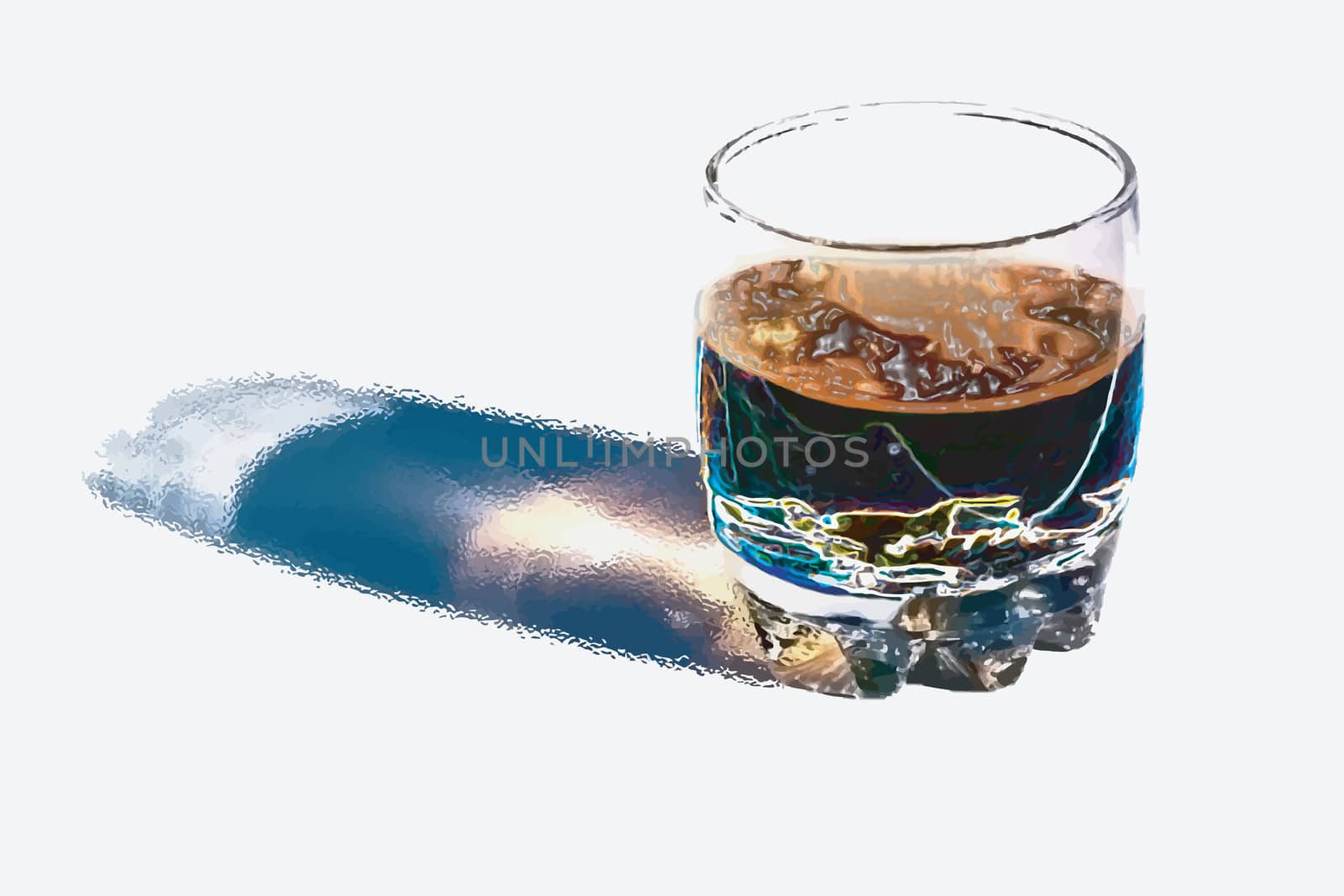 Dark colorful drink in a glass transparent glass, cast a shadow on a white background