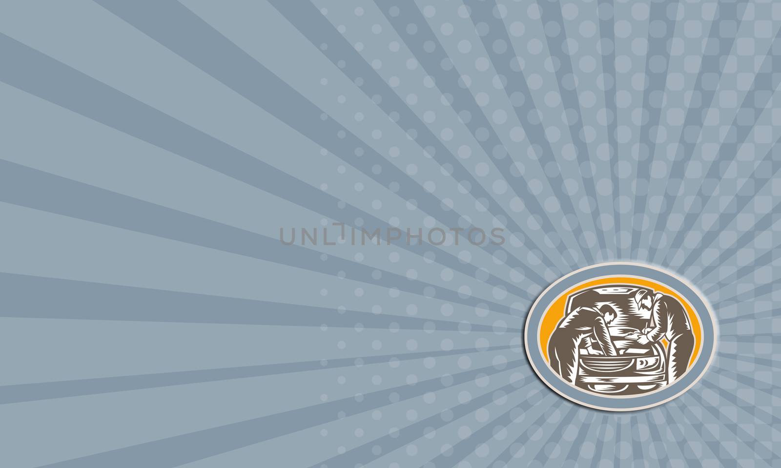Business card illustration of two auto mechanic repairing automobile car vehicle viewed from front set inside oval shape done in retro woodcut style.