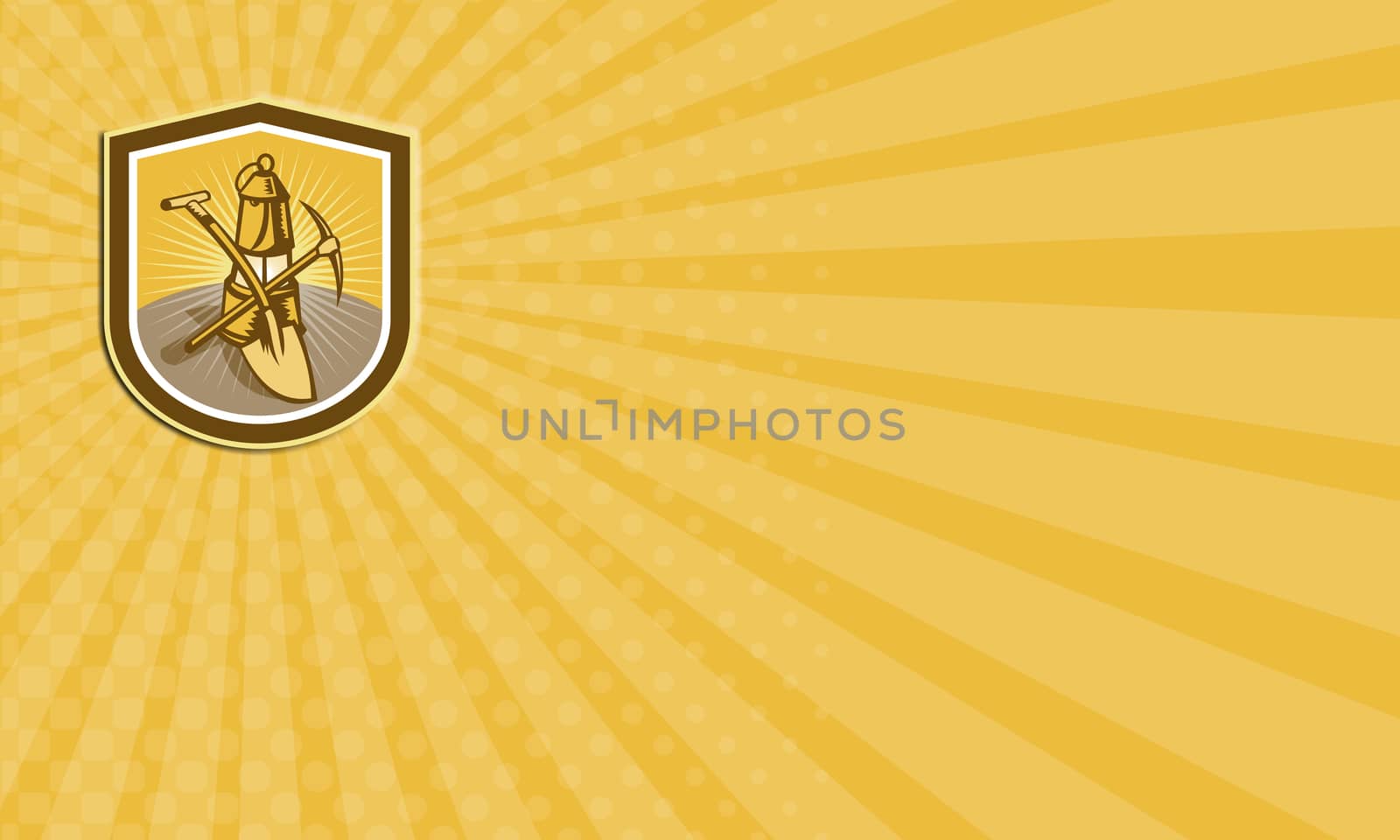 Business card illustration of a coal miner pick axe and shovel crossed with lamp set inside shield crest shape done in retro woodcut style.