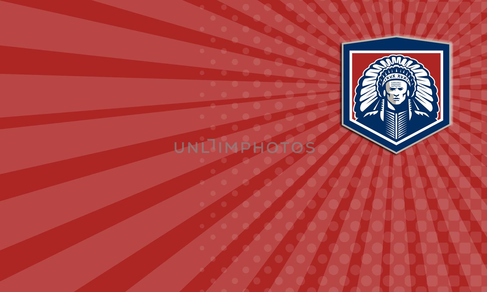 Business card illustration of a native american indian chief viewed from front set inside shield crest shape done in retro style on isolated white background.