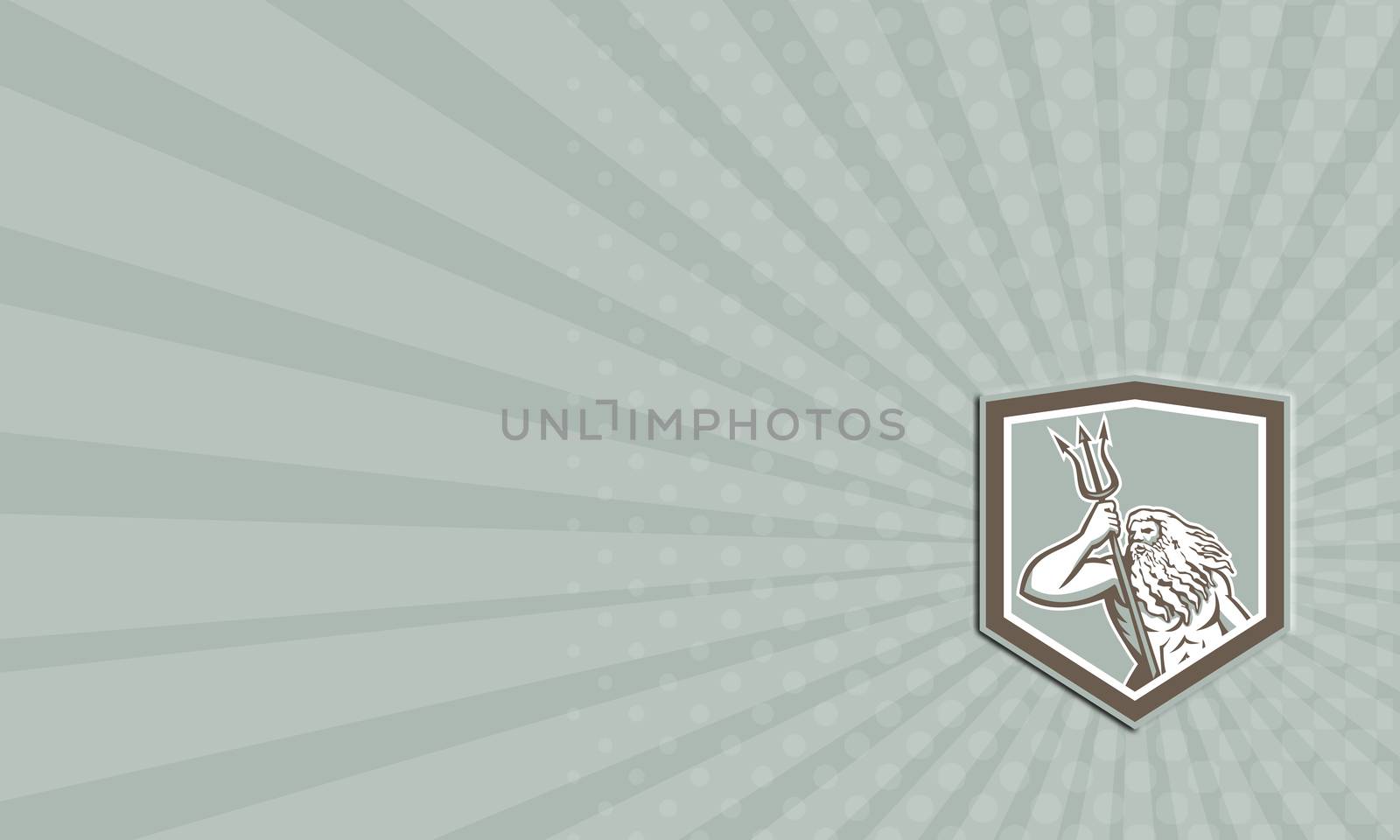 Business card illustration of Roman god of sea Neptune or Poseidon of Greek mythology holding a trident set inside shield crest on isolated white background.
