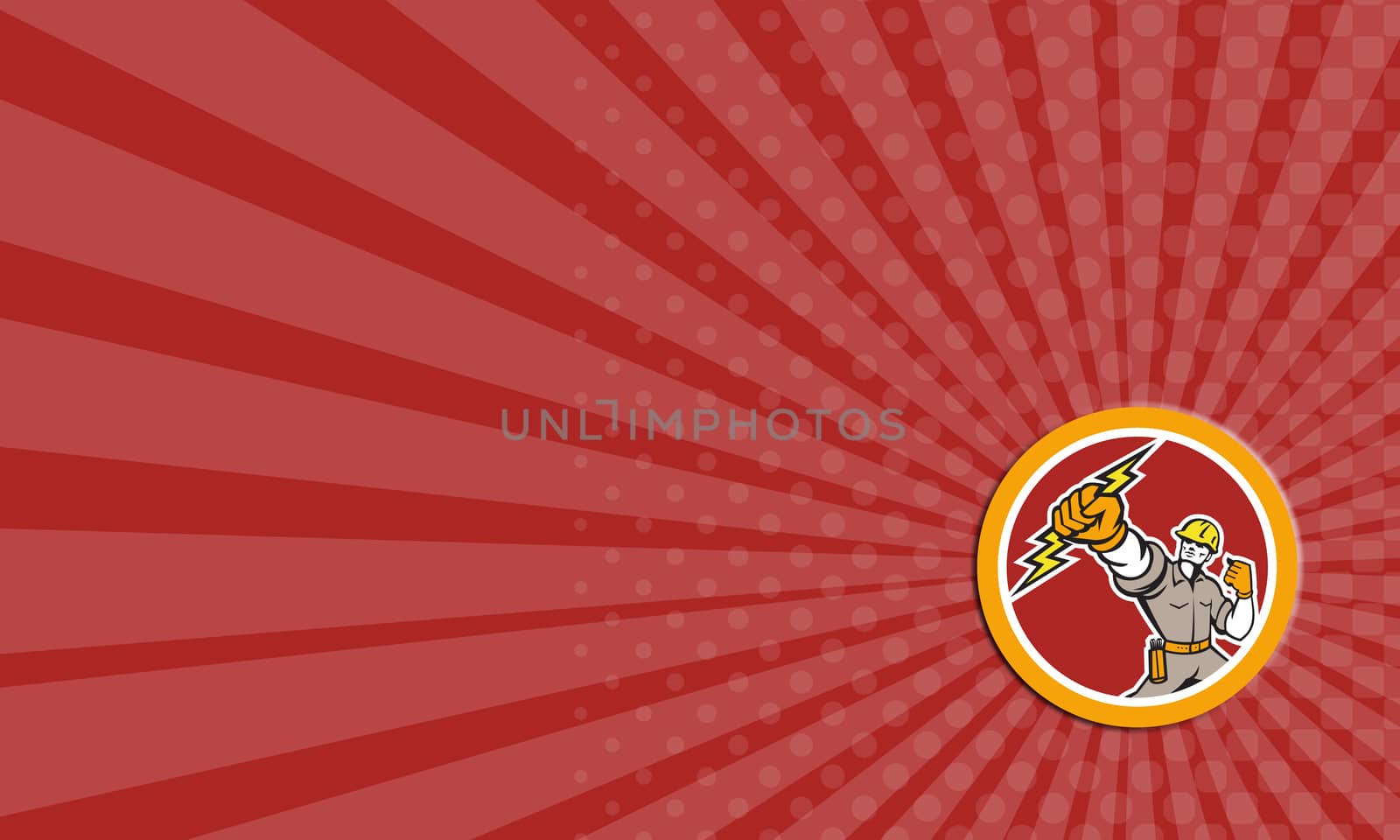 Business card illustration of an electrician construction worker power lineman wielding holding a lightning bolt set inside circle done in retro style on isolated white background.