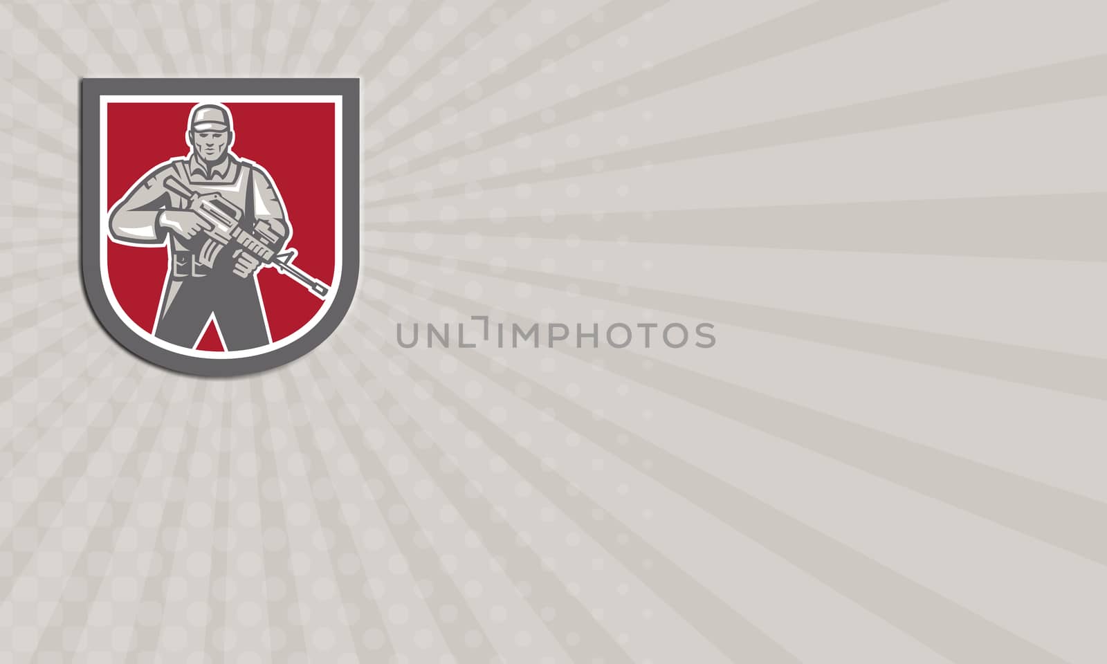 Business card illustration of a soldier serviceman with assault rifle facing front set inside shield crest shape on isolated white background done in retro style.
