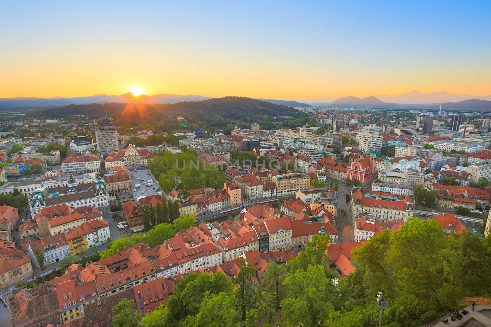 Panorama of the Slovenian capital Ljubljana at sunset.