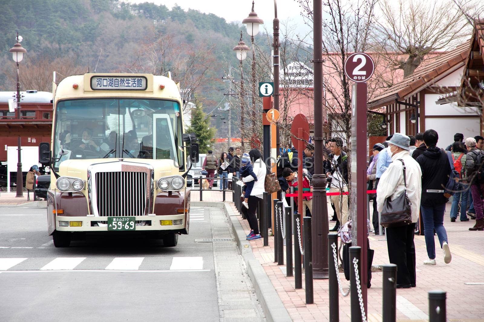 Yamanashi, Japan - April 12, 2014 Kawaguchiko station all of transport for tourists to travel around Lake Kawaguchiko and mt Fuji
